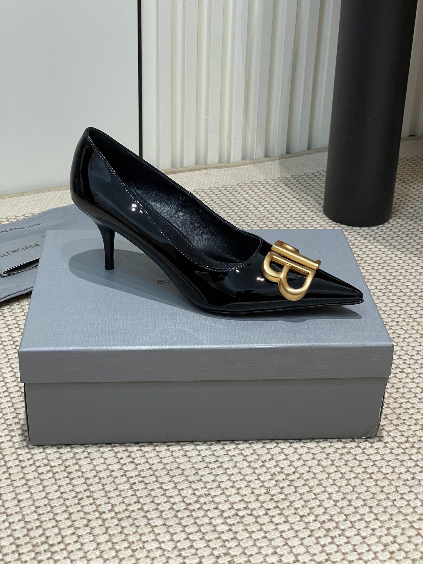Balanciaga POINTED BB GOLD BUCKLE HIGH PUMPS 60MM IN BLACK PATENT CALFSKIN