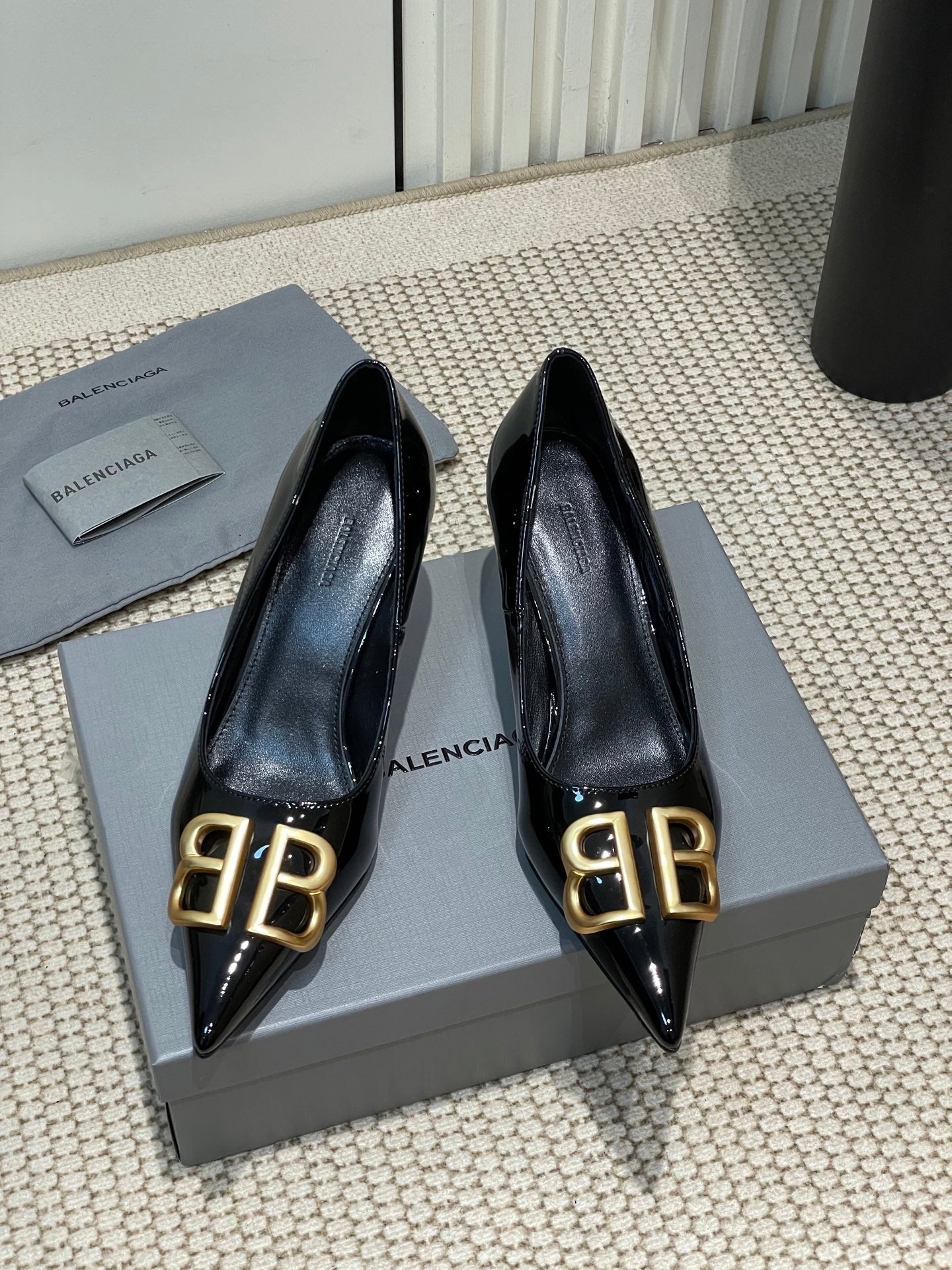 Balanciaga POINTED BB GOLD BUCKLE HIGH PUMPS 60MM IN BLACK PATENT CALFSKIN