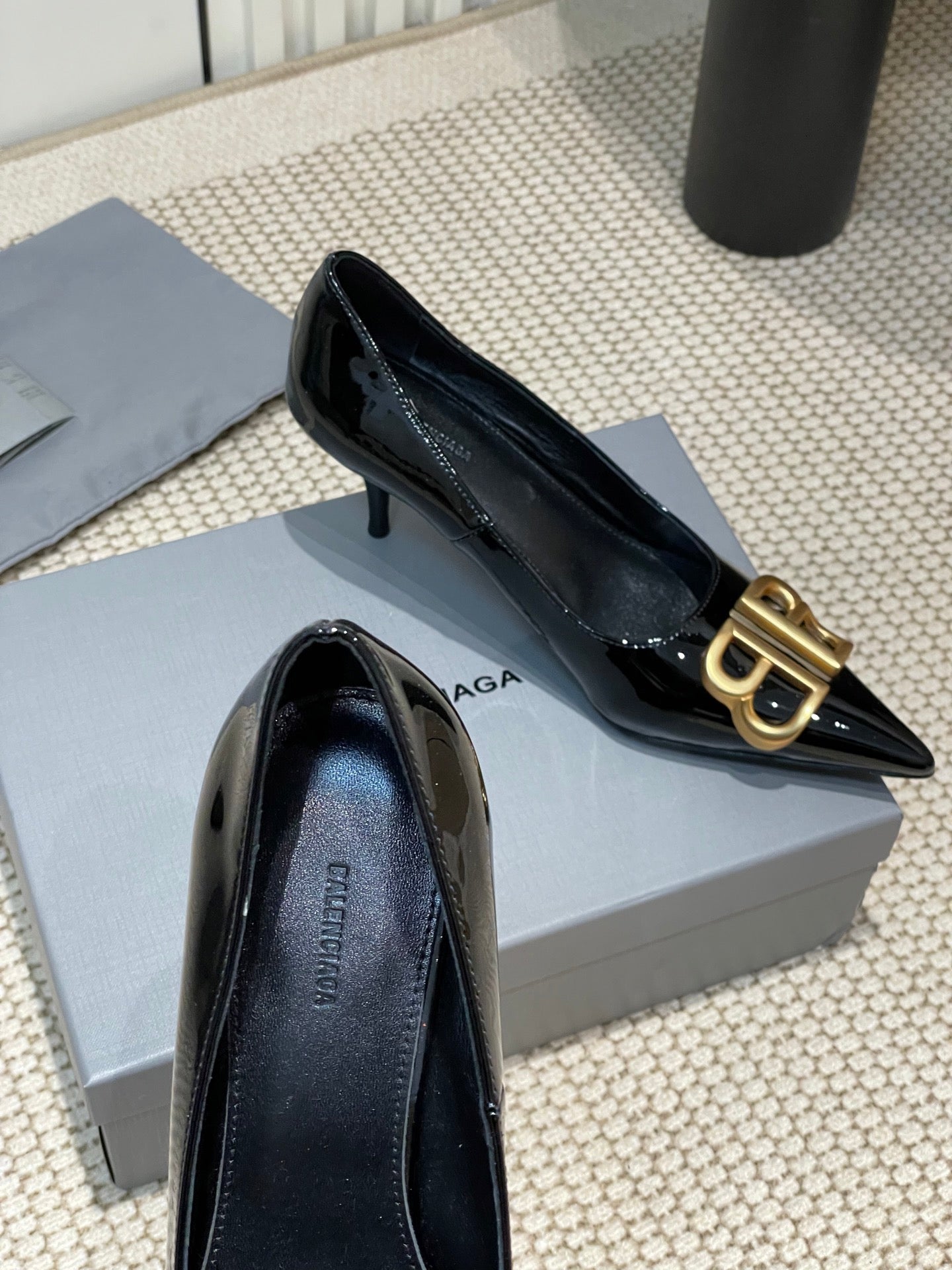 Balanciaga POINTED BB GOLD BUCKLE HIGH PUMPS 60MM IN BLACK PATENT CALFSKIN