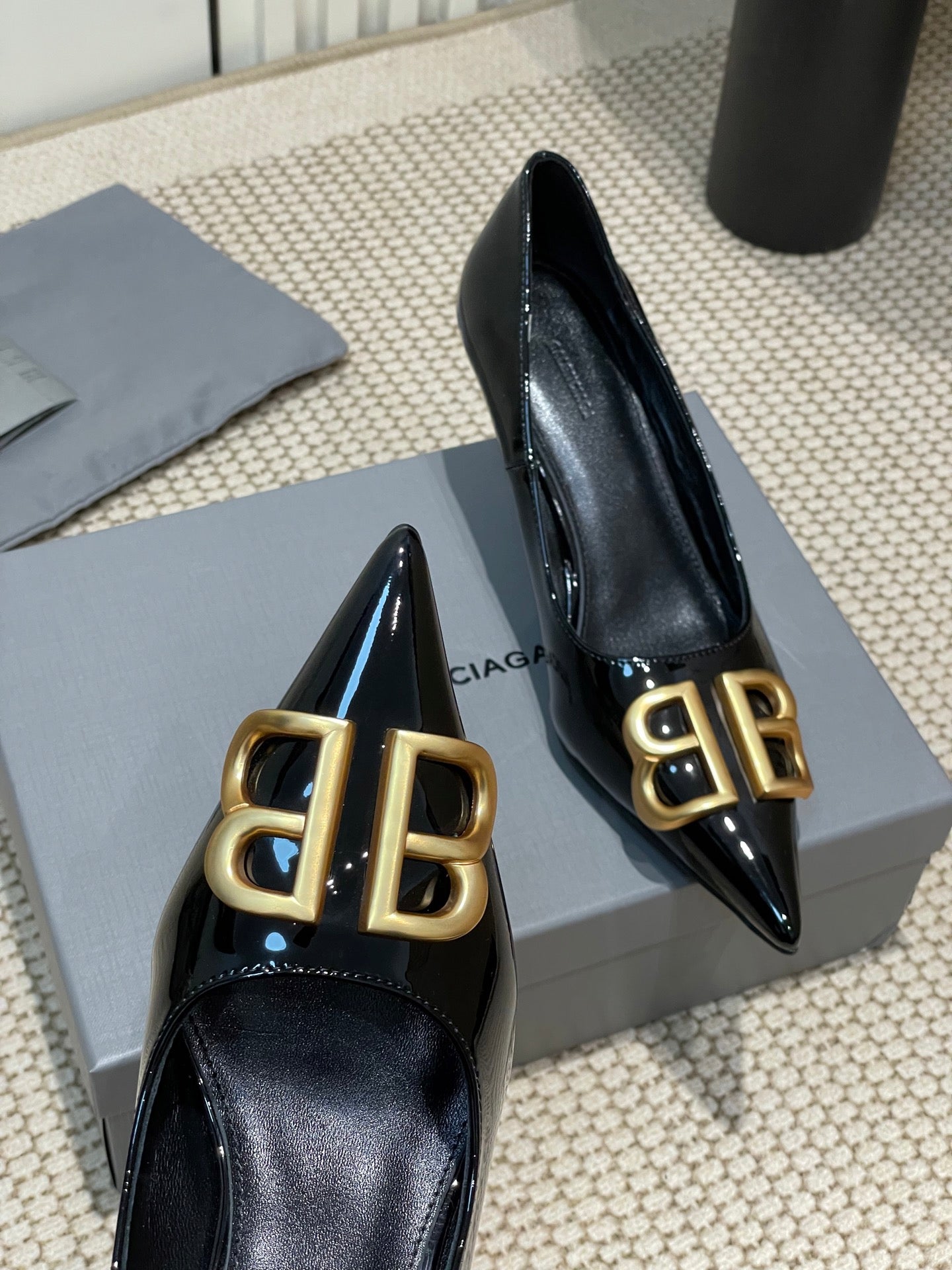Balanciaga POINTED BB GOLD BUCKLE HIGH PUMPS 60MM IN BLACK PATENT CALFSKIN