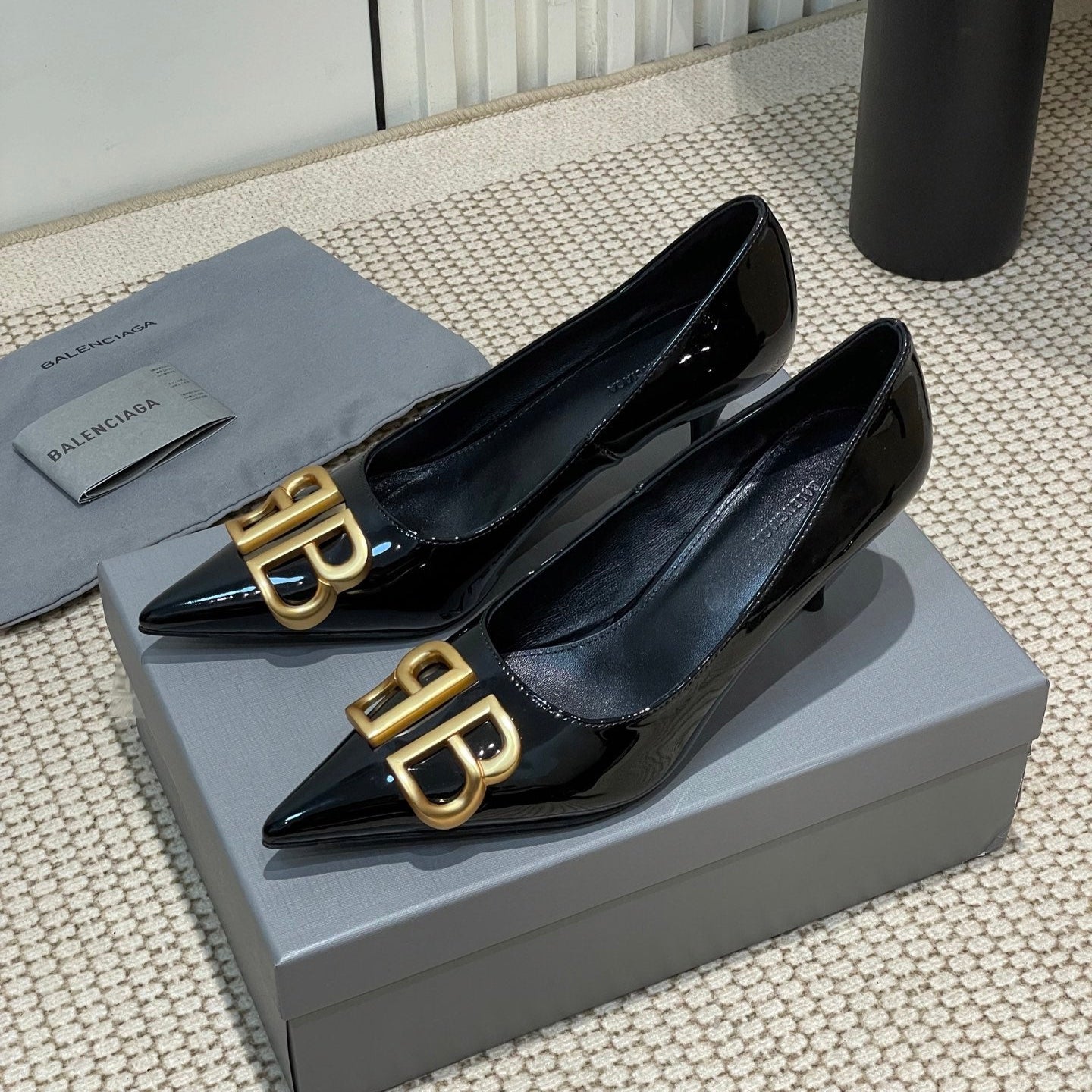 Balanciaga POINTED BB GOLD BUCKLE HIGH PUMPS 60MM IN BLACK PATENT CALFSKIN