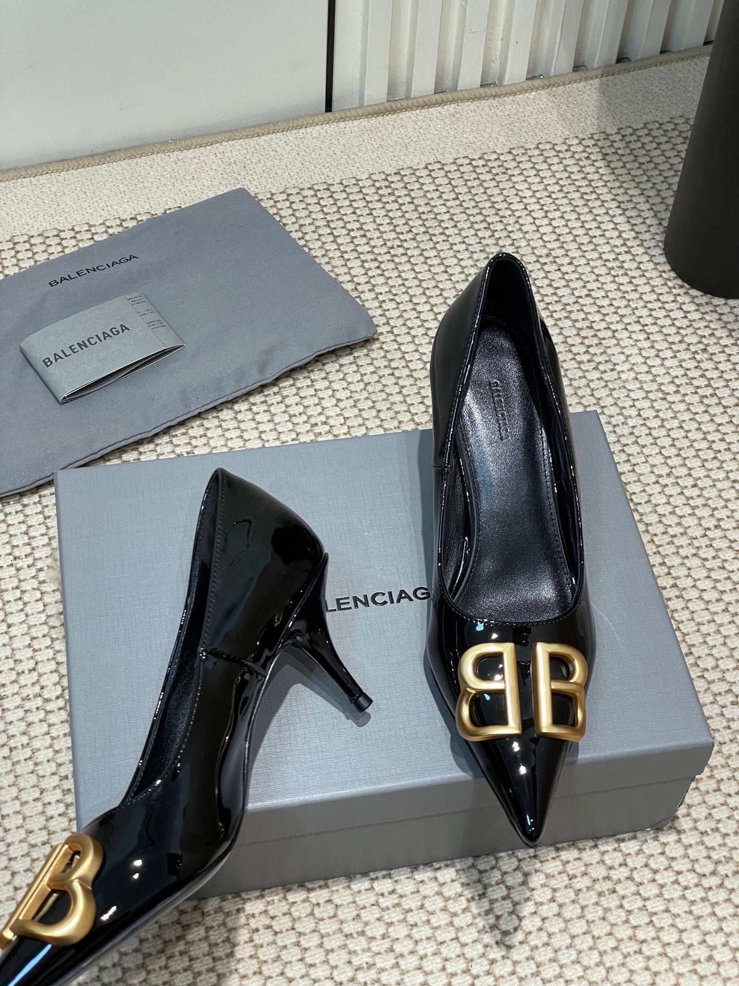 Balanciaga POINTED BB GOLD BUCKLE HIGH PUMPS 60MM IN BLACK PATENT CALFSKIN