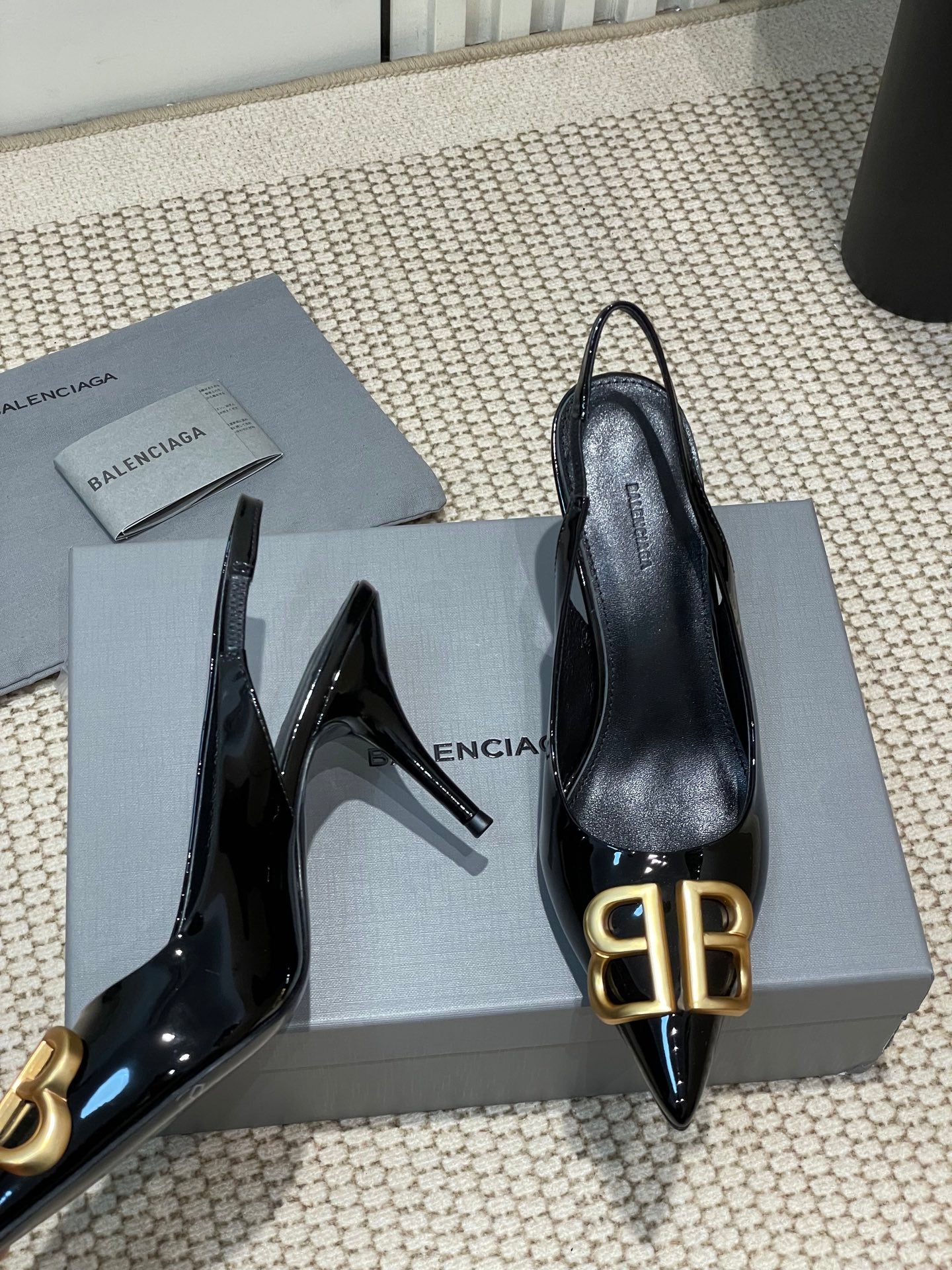 Balanciaga POINTED BB GOLD BUCKLE HIGH SLINGBACK 80MM IN BLACK PATENT CALFSKIN
