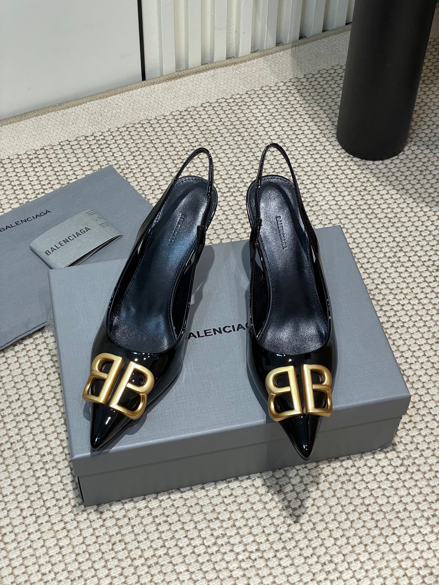 Balanciaga POINTED BB GOLD BUCKLE HIGH SLINGBACK 80MM IN BLACK PATENT CALFSKIN
