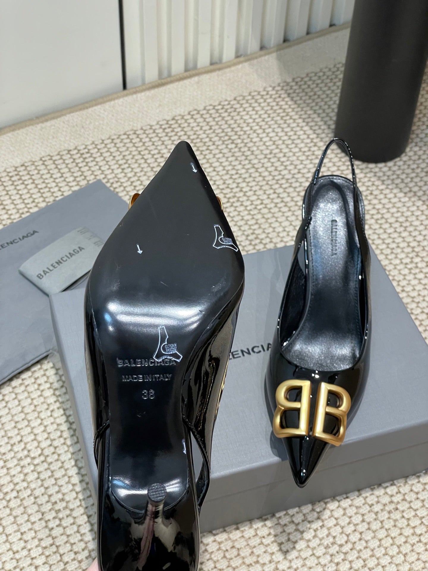 Balanciaga POINTED BB GOLD BUCKLE HIGH SLINGBACK 80MM IN BLACK PATENT CALFSKIN