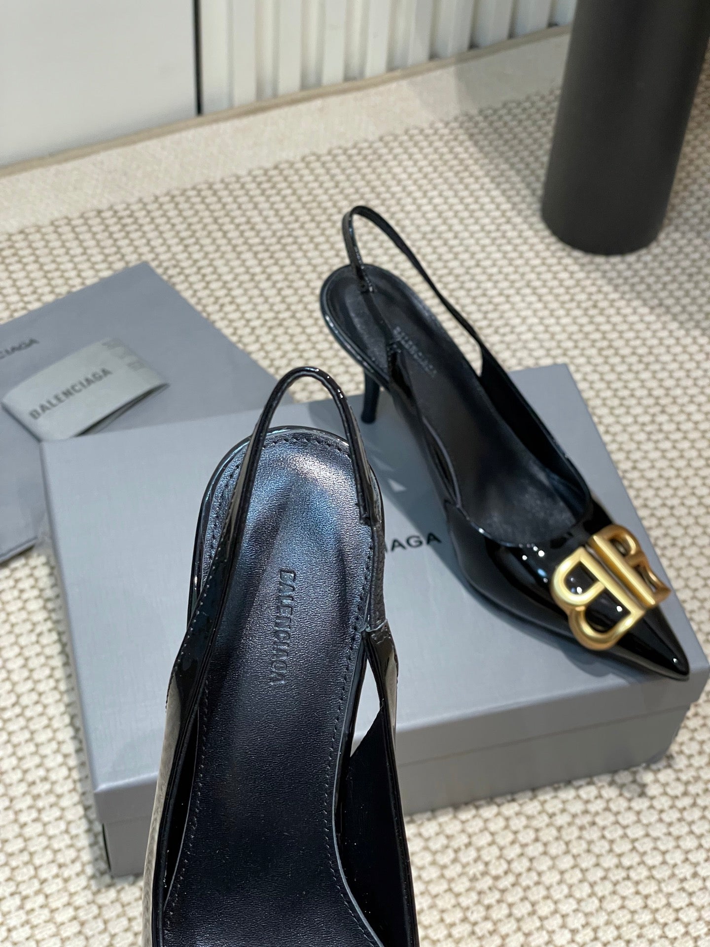 Balanciaga POINTED BB GOLD BUCKLE HIGH SLINGBACK 80MM IN BLACK PATENT CALFSKIN