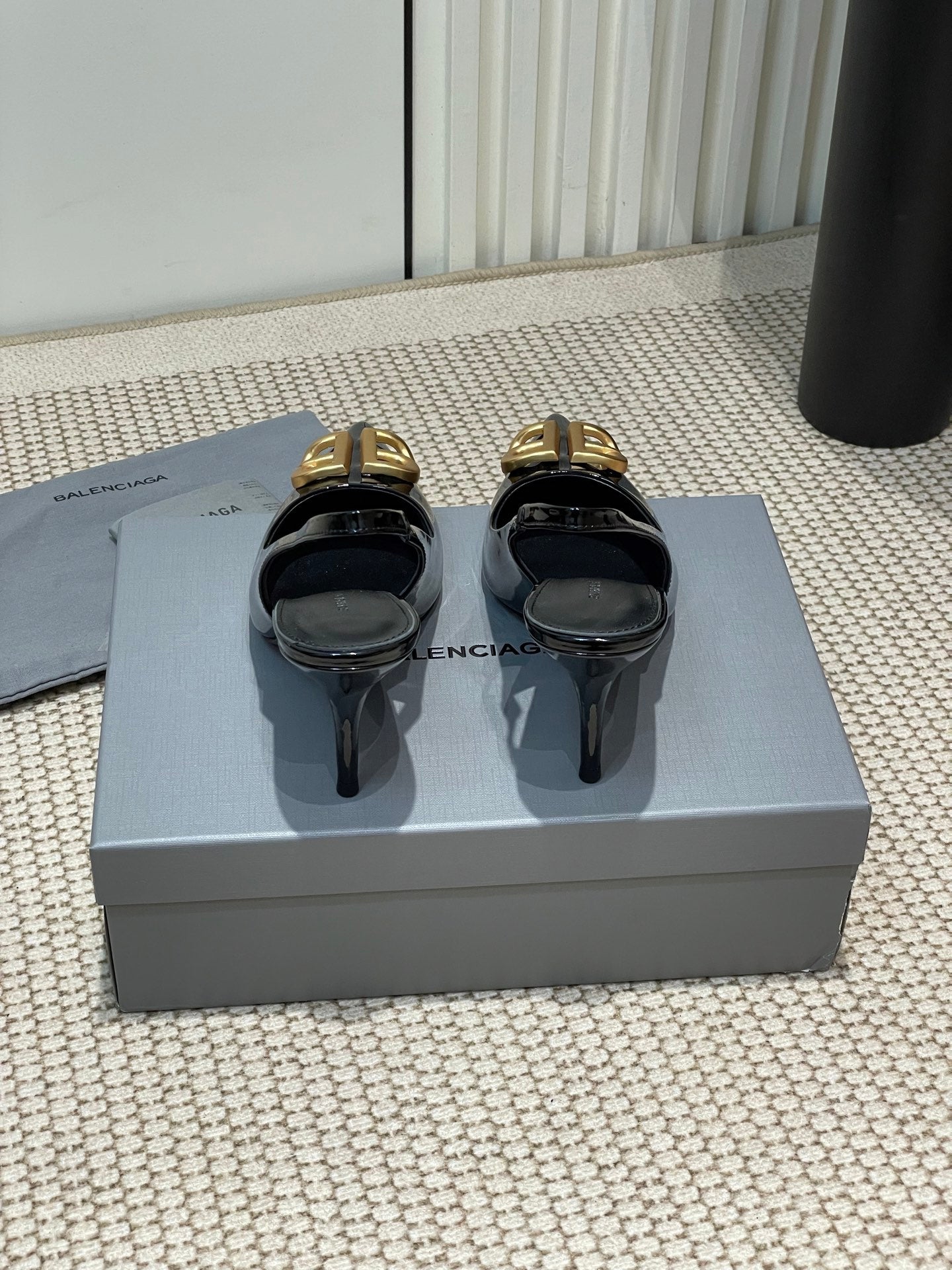 Balanciaga POINTED BB GOLD BUCKLE HIGH SLINGBACK 80MM IN BLACK PATENT CALFSKIN