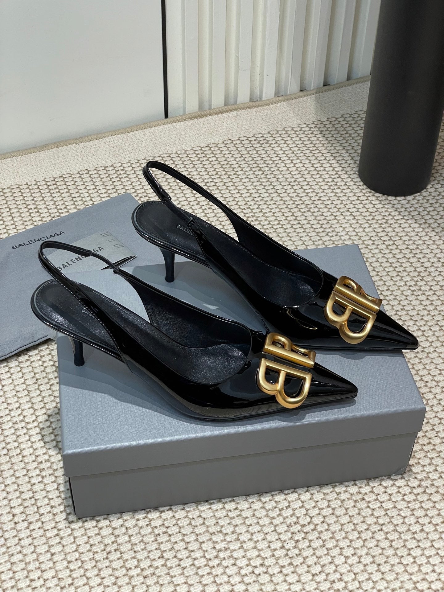 Balanciaga POINTED BB GOLD BUCKLE HIGH SLINGBACK 60MM IN BLACK PATENT CALFSKIN