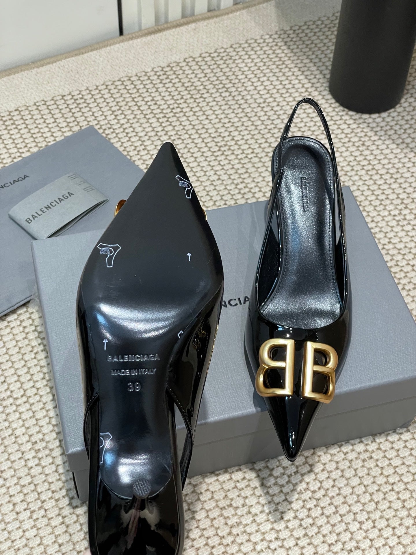 Balanciaga POINTED BB GOLD BUCKLE HIGH SLINGBACK 60MM IN BLACK PATENT CALFSKIN