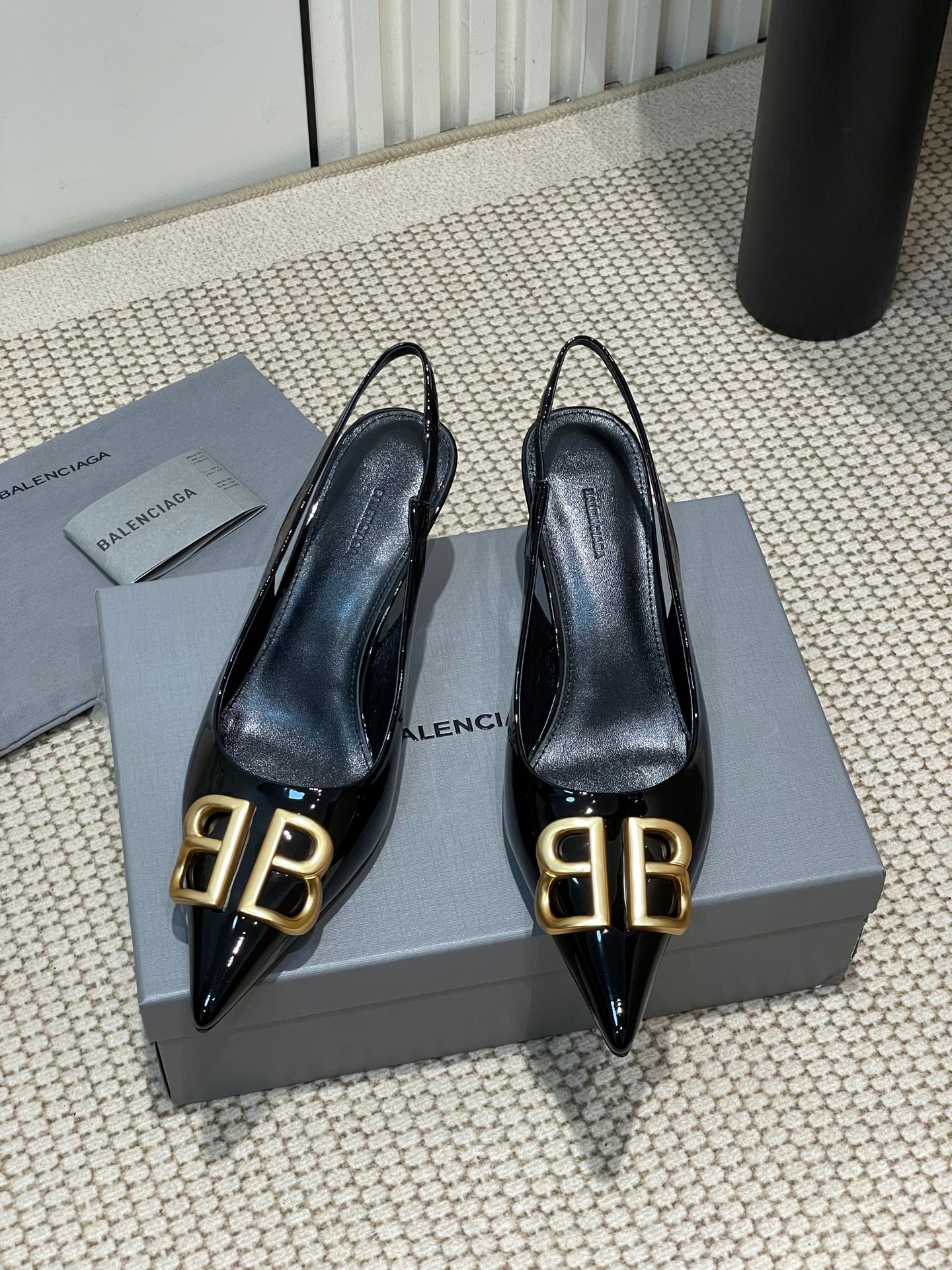 Balanciaga POINTED BB GOLD BUCKLE HIGH SLINGBACK 60MM IN BLACK PATENT CALFSKIN