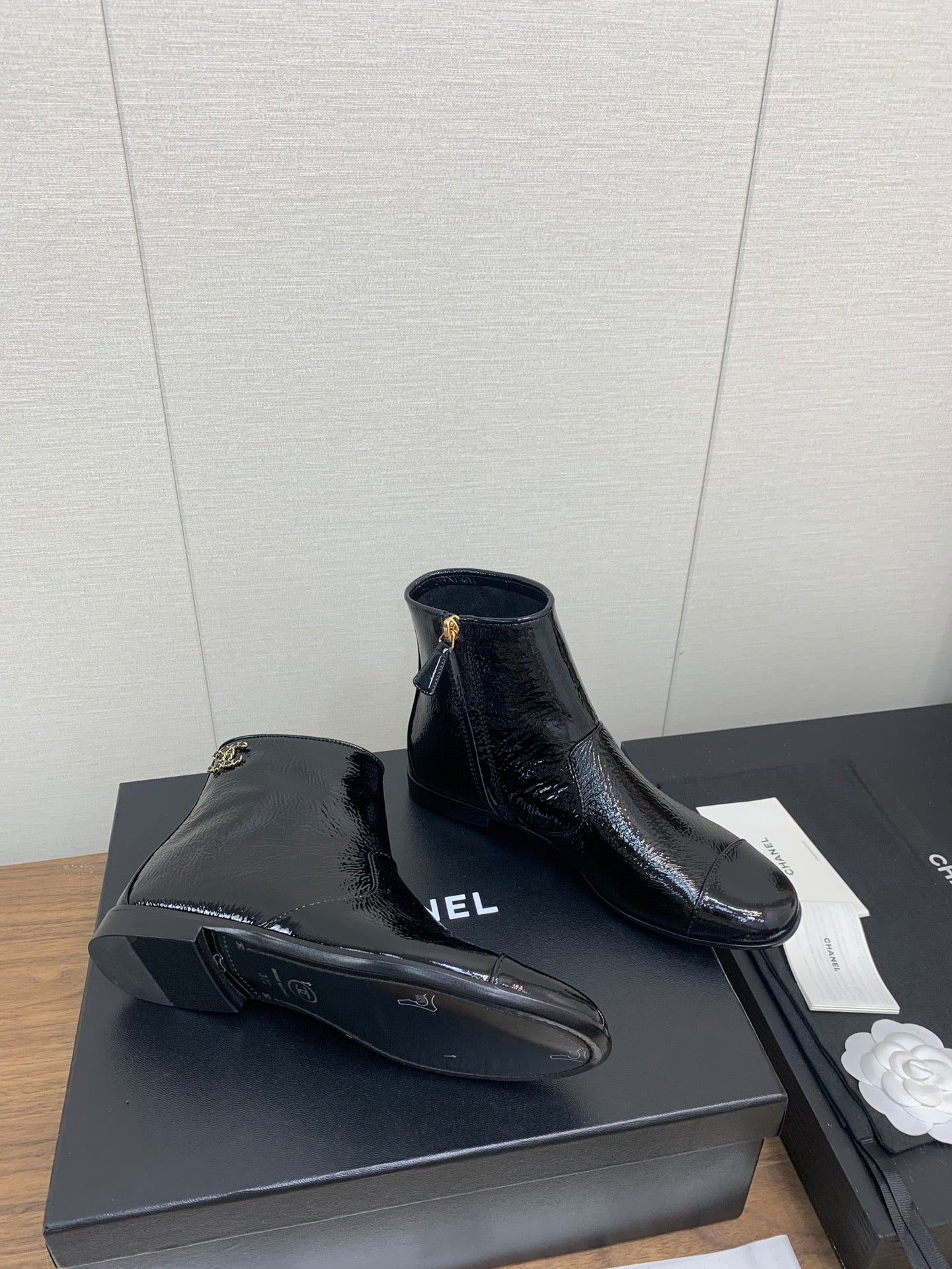 CHANEL Ankle Boots 25mm Glossy Black Cowhide