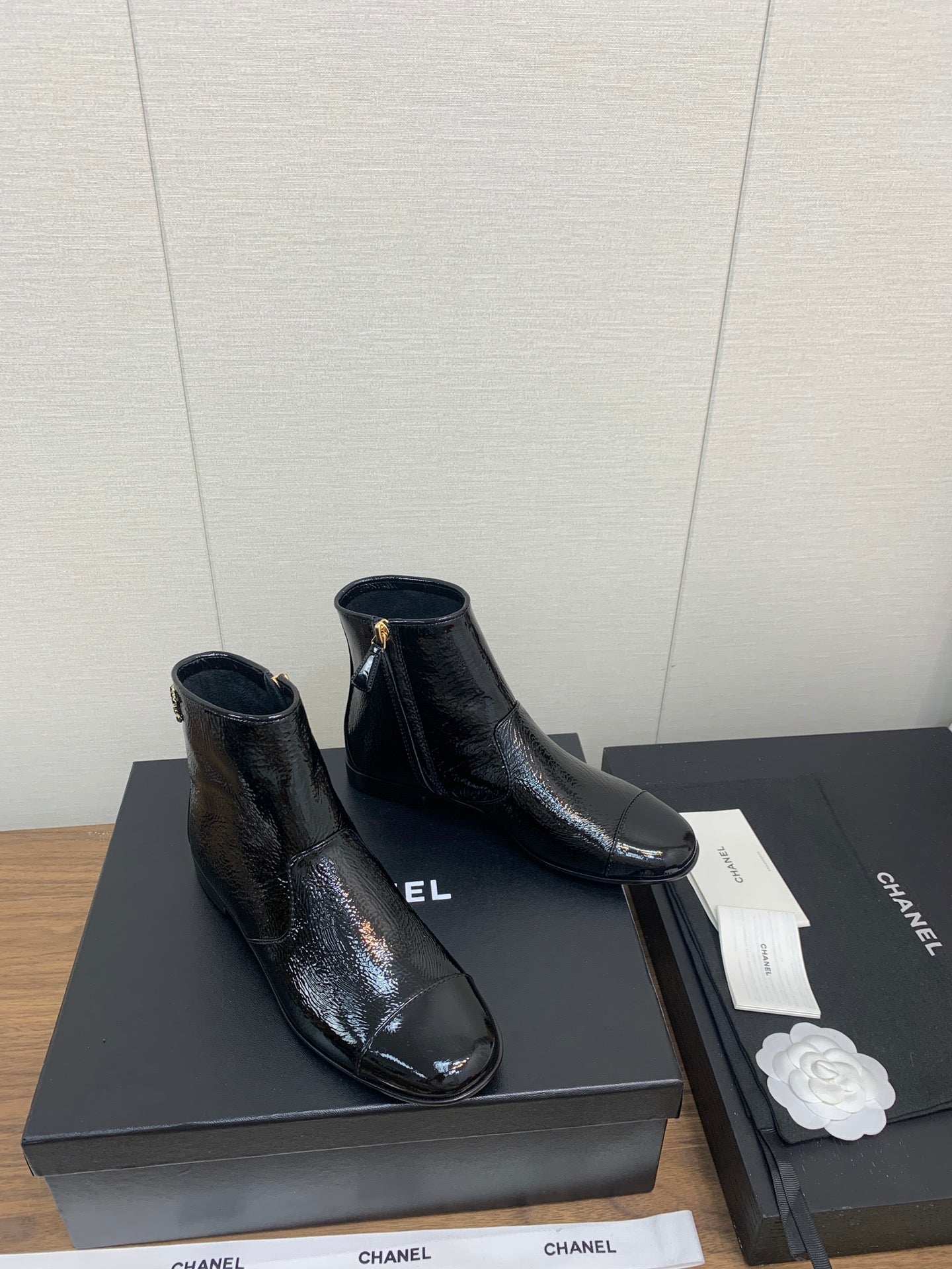 CHANEL Ankle Boots 25mm Glossy Black Cowhide