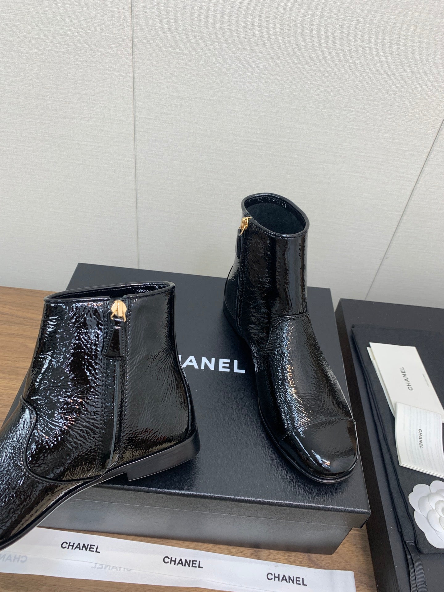 CHANEL Ankle Boots 25mm Glossy Black Cowhide