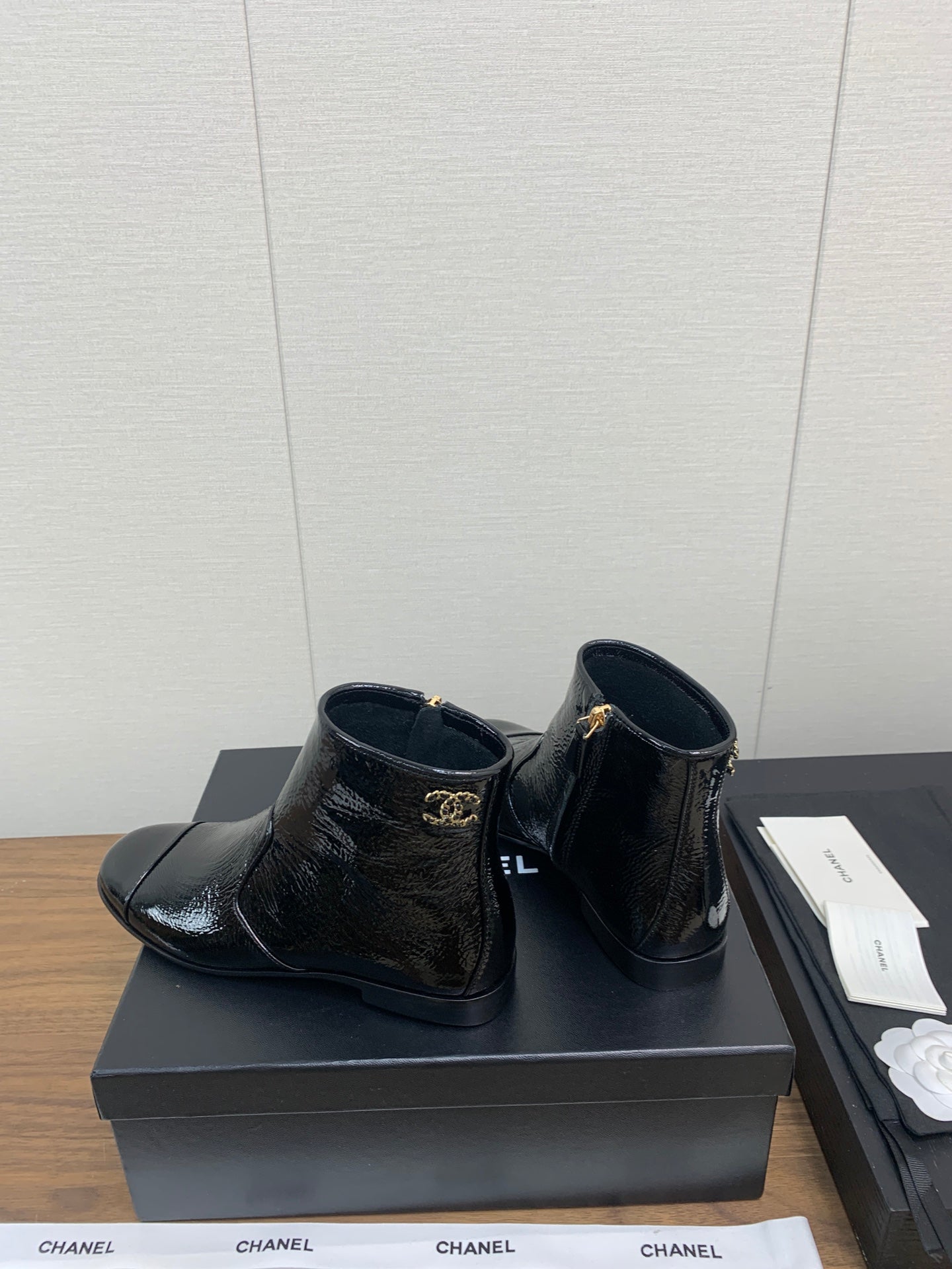 CHANEL Ankle Boots 25mm Glossy Black Cowhide