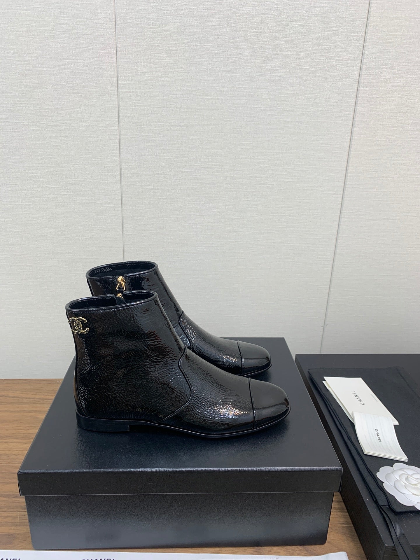 CHANEL Ankle Boots 25mm Glossy Black Cowhide