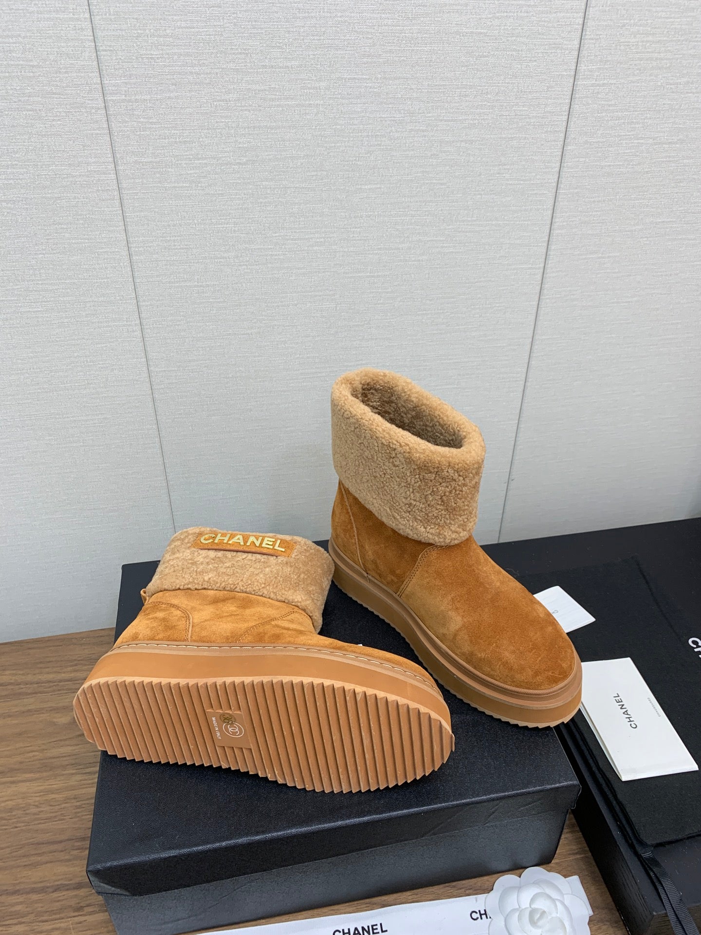 CHANEL Ankle Boots Brown Yellow Suede
