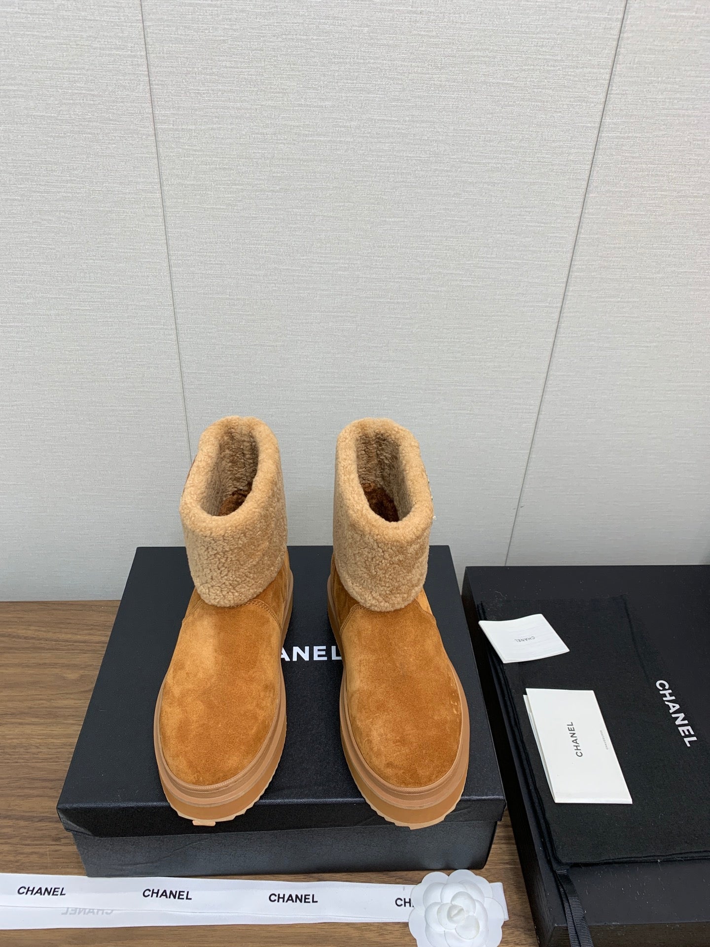 CHANEL Ankle Boots Brown Yellow Suede