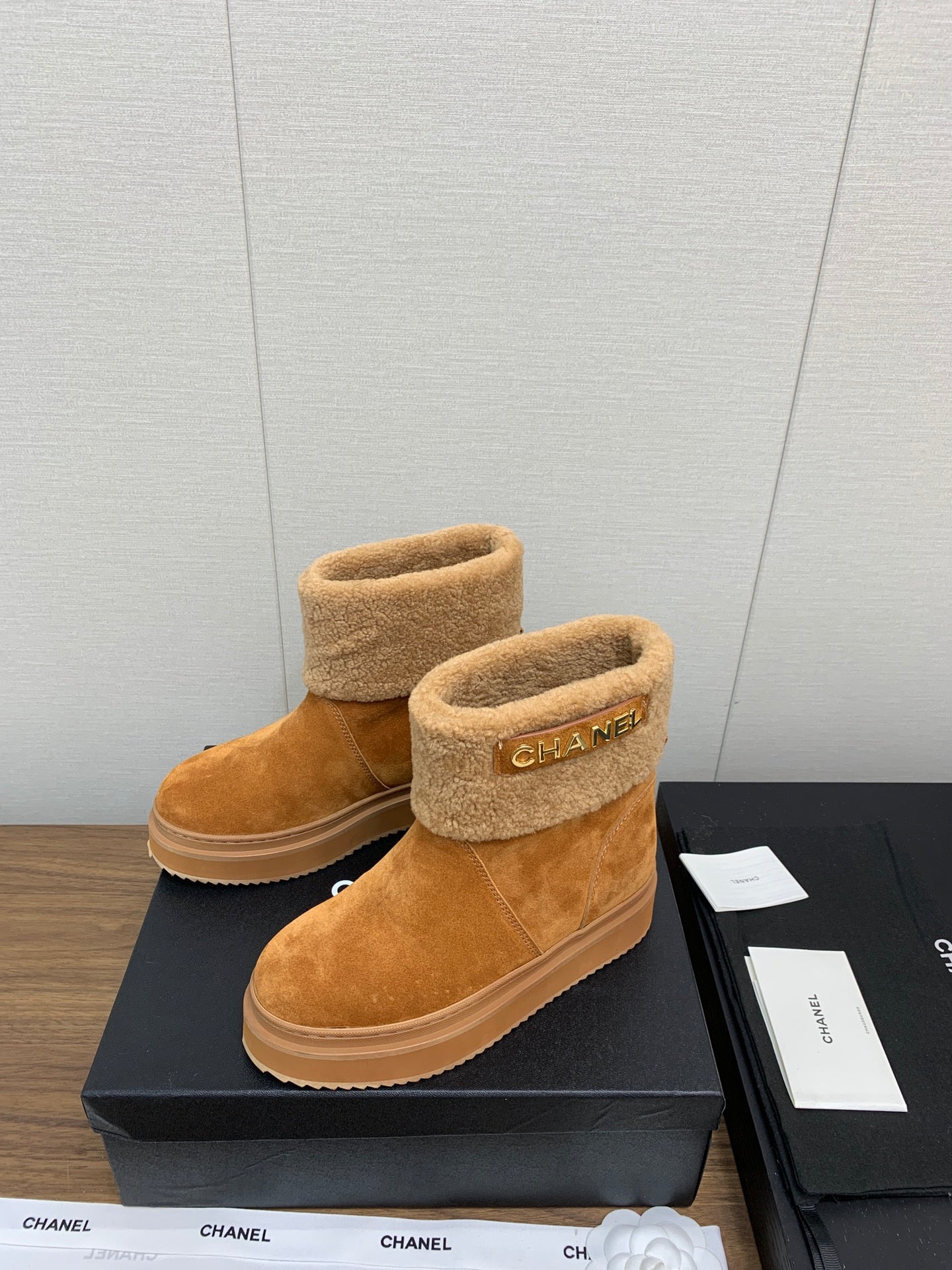 CHANEL Ankle Boots Brown Yellow Suede