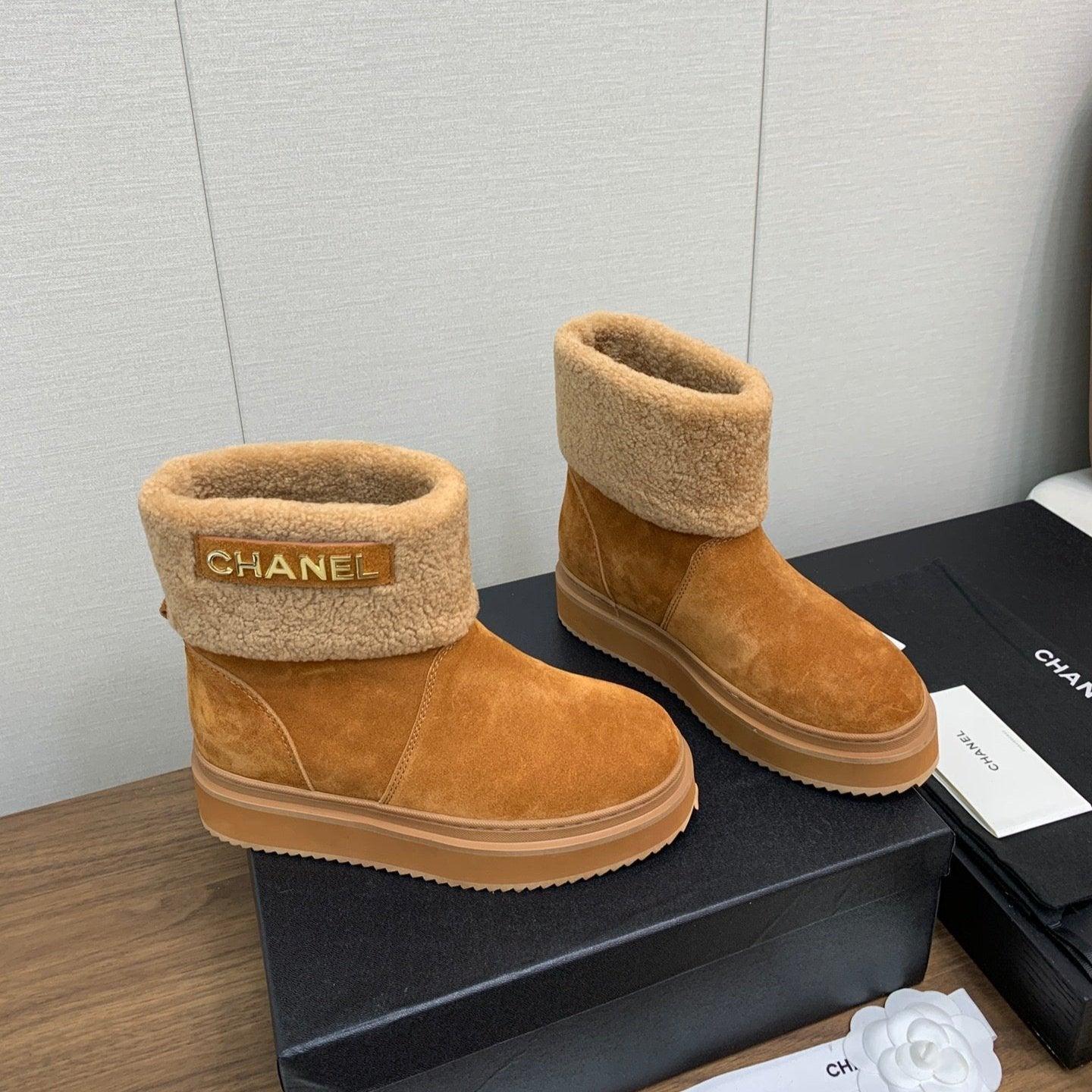 CHANEL Ankle Boots Brown Yellow Suede