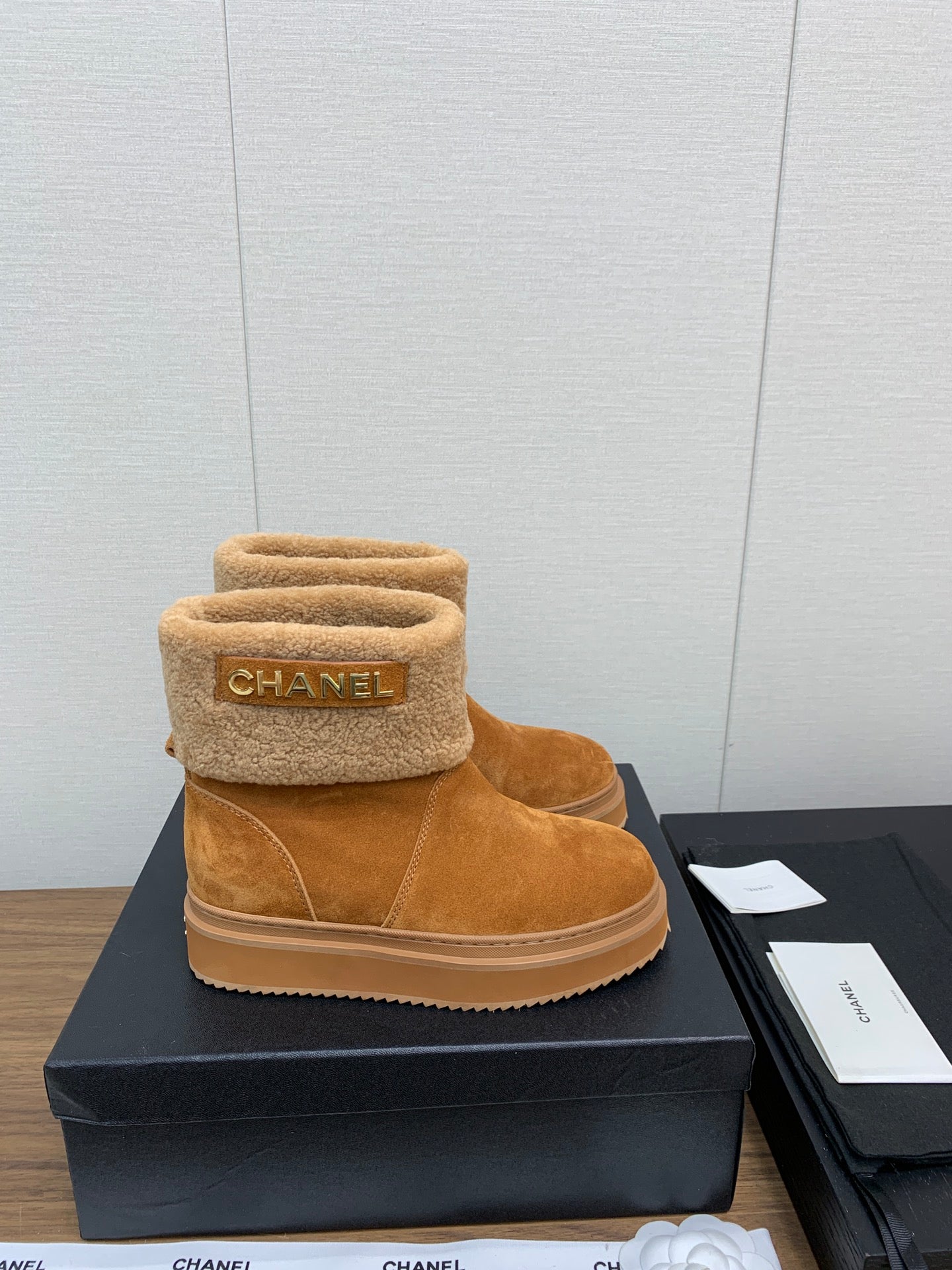 CHANEL Ankle Boots Brown Yellow Suede