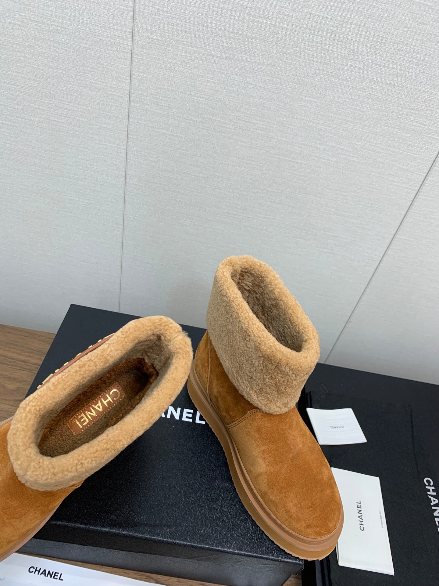 CHANEL Ankle Boots Brown Yellow Suede