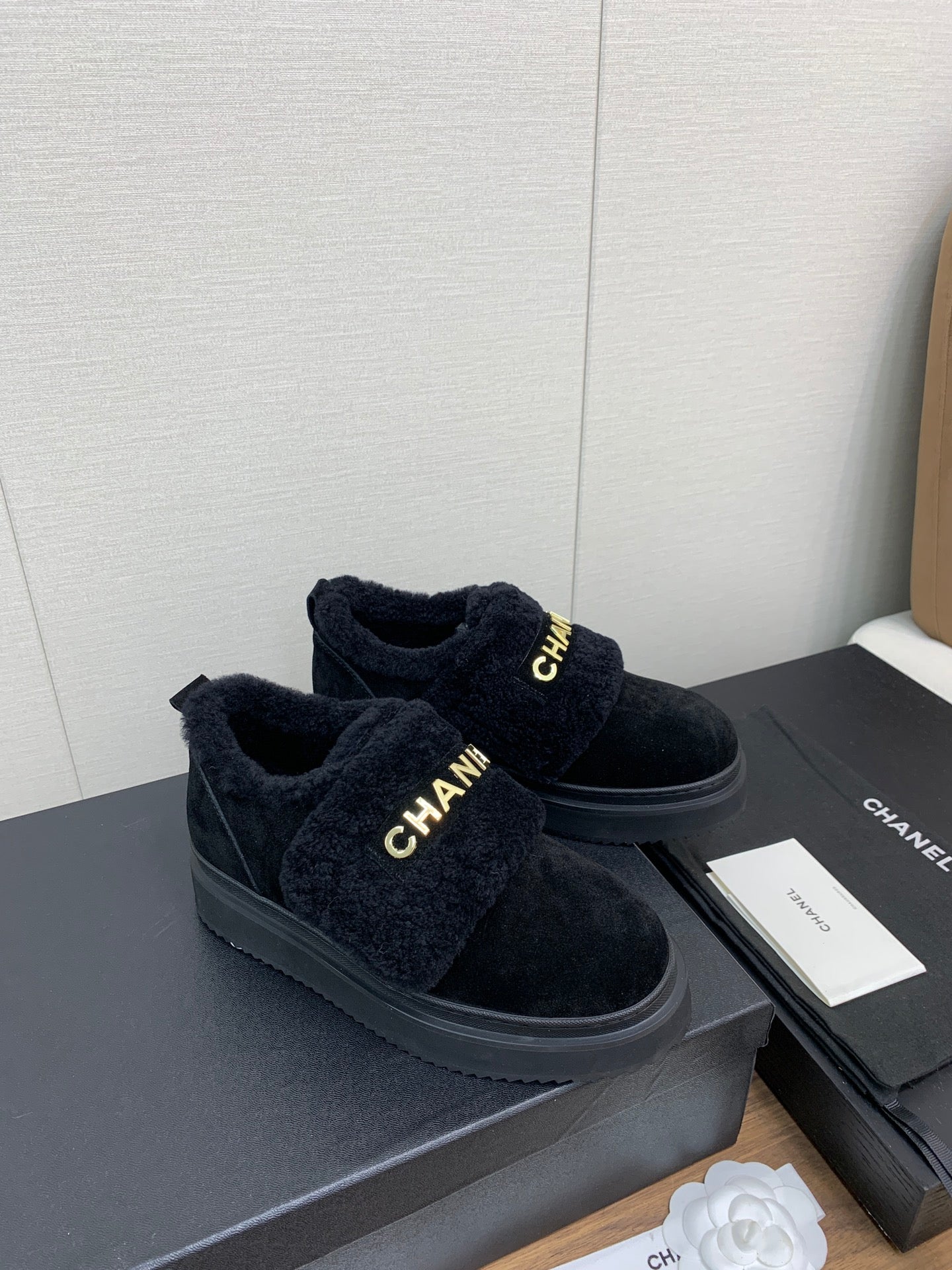 CHANEL Ankle Boots Black Suede Wool