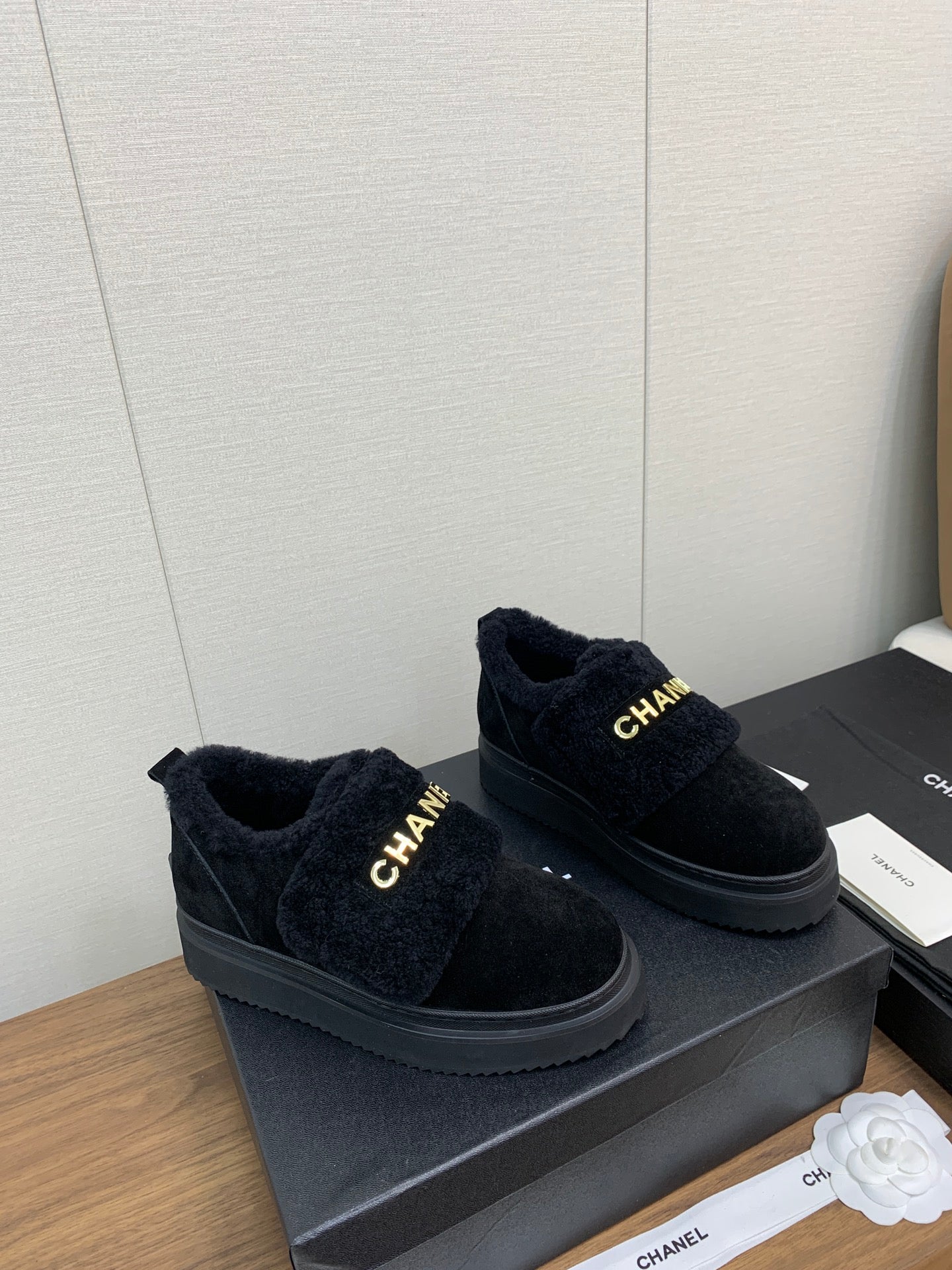 CHANEL Ankle Boots Black Suede Wool