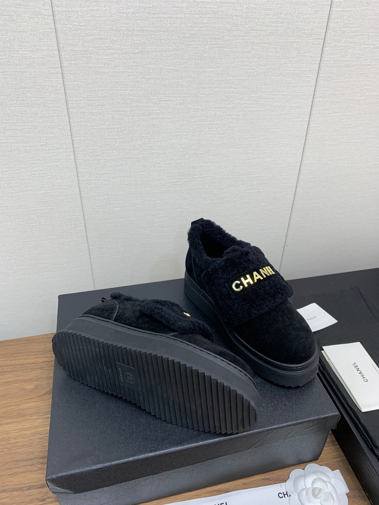 CHANEL Ankle Boots Black Suede Wool