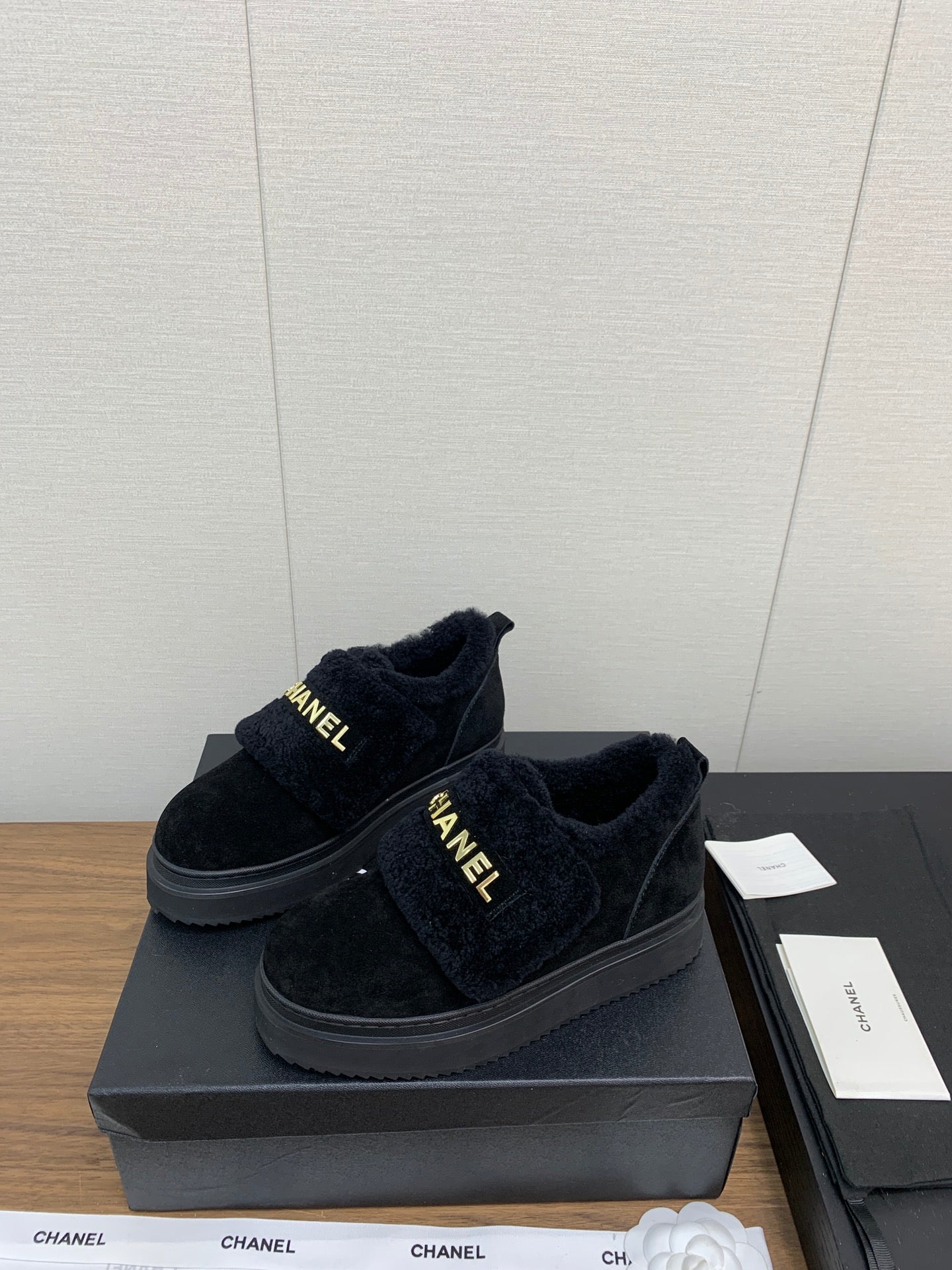 CHANEL Ankle Boots Black Suede Wool