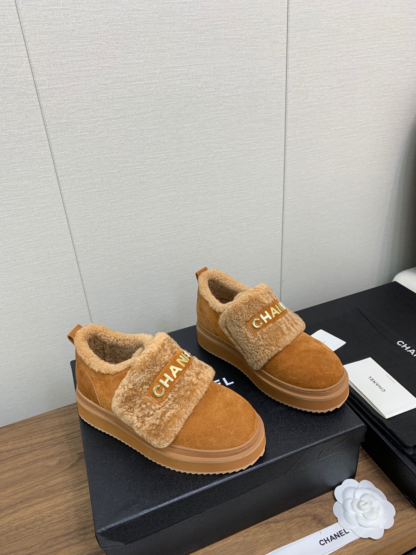 CHANEL Ankle Boots Brown Yellow Suede Wool