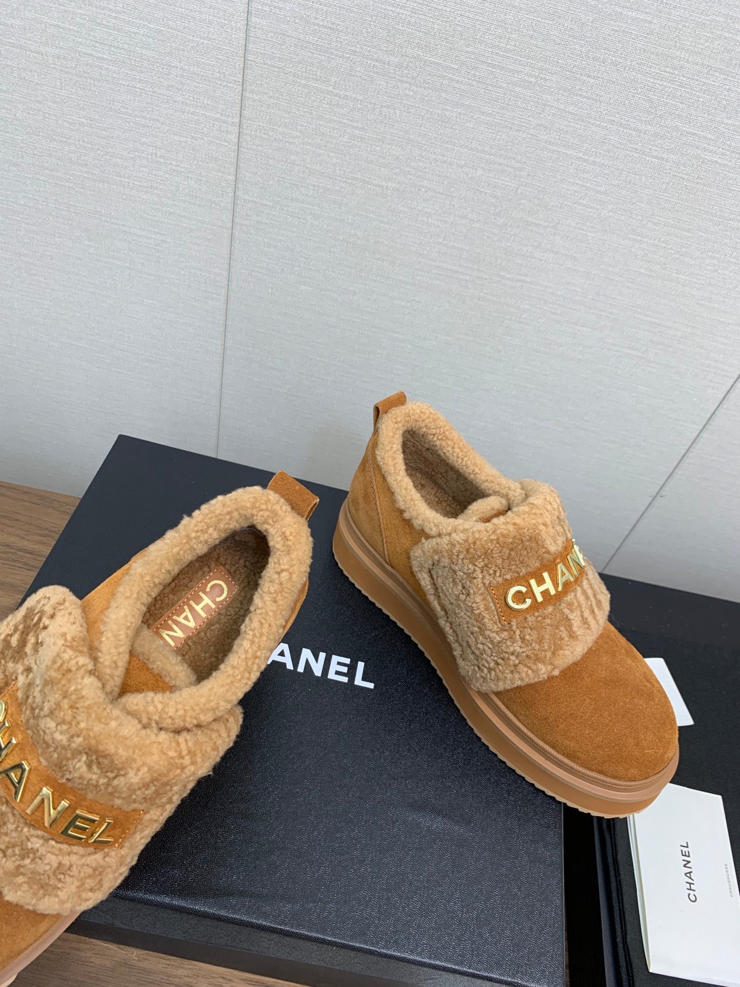 CHANEL Ankle Boots Brown Yellow Suede Wool
