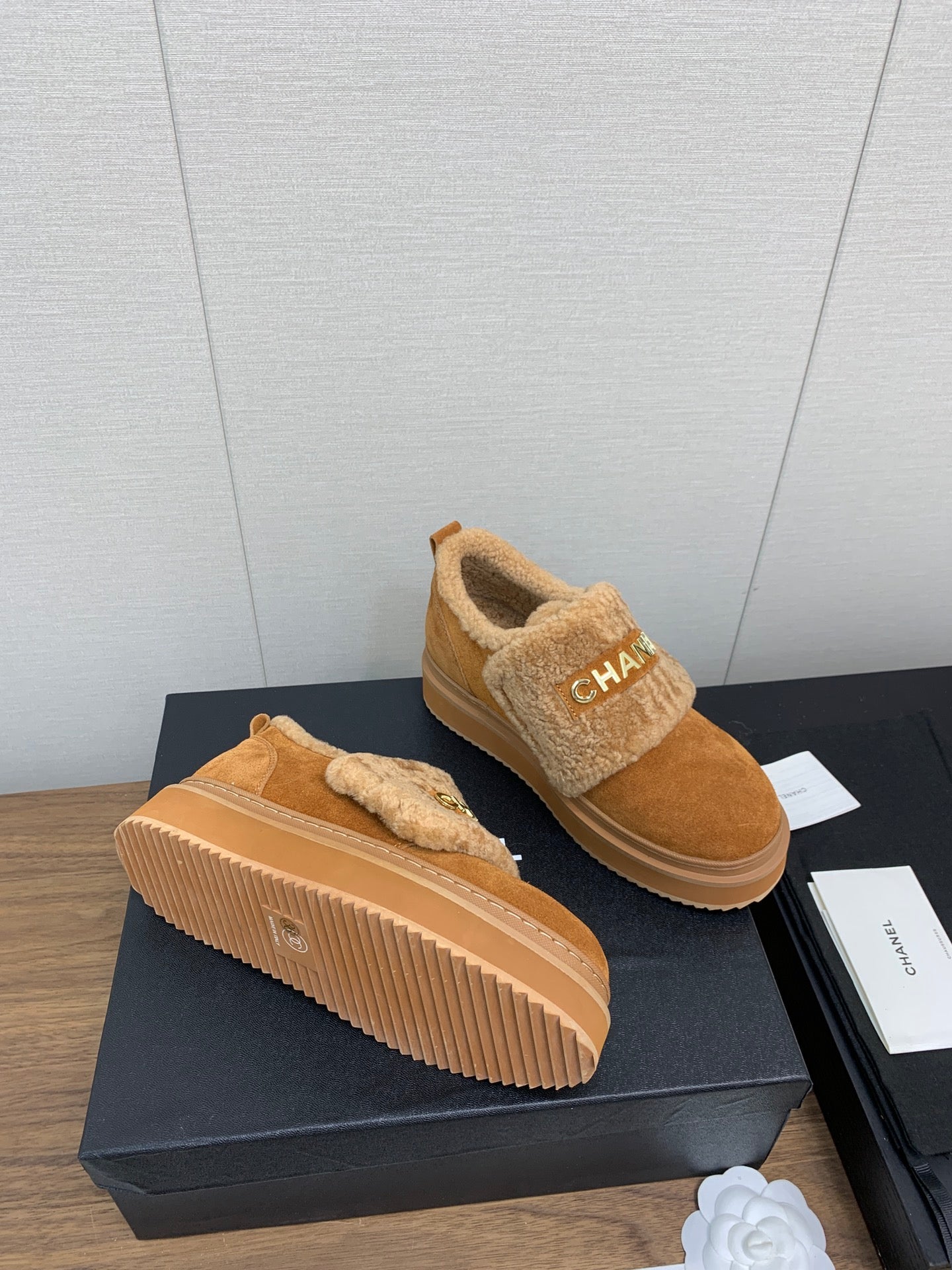 CHANEL Ankle Boots Brown Yellow Suede Wool