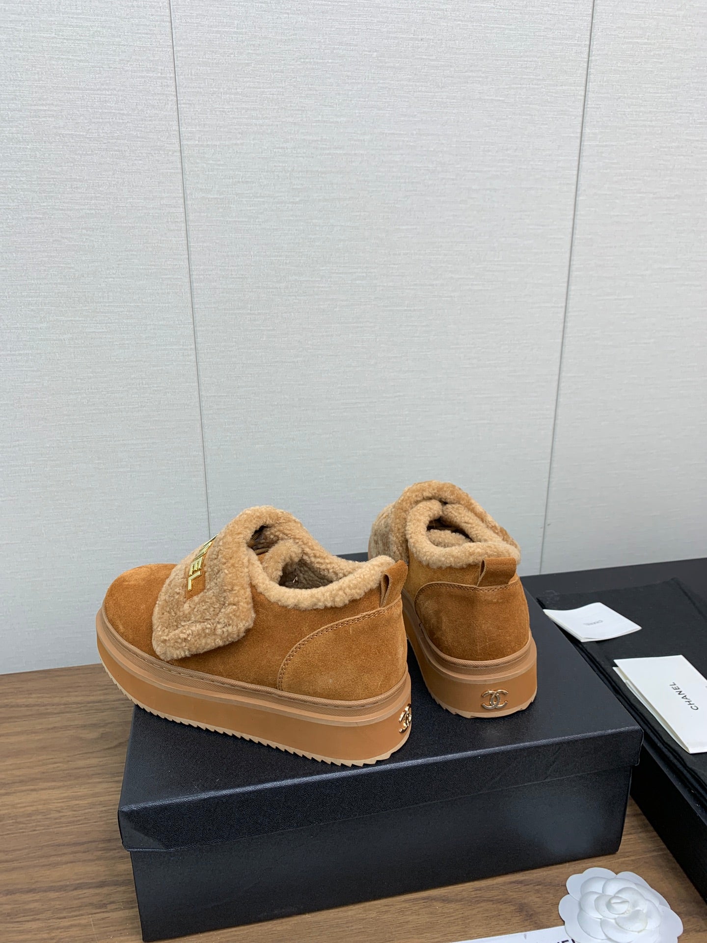 CHANEL Ankle Boots Brown Yellow Suede Wool