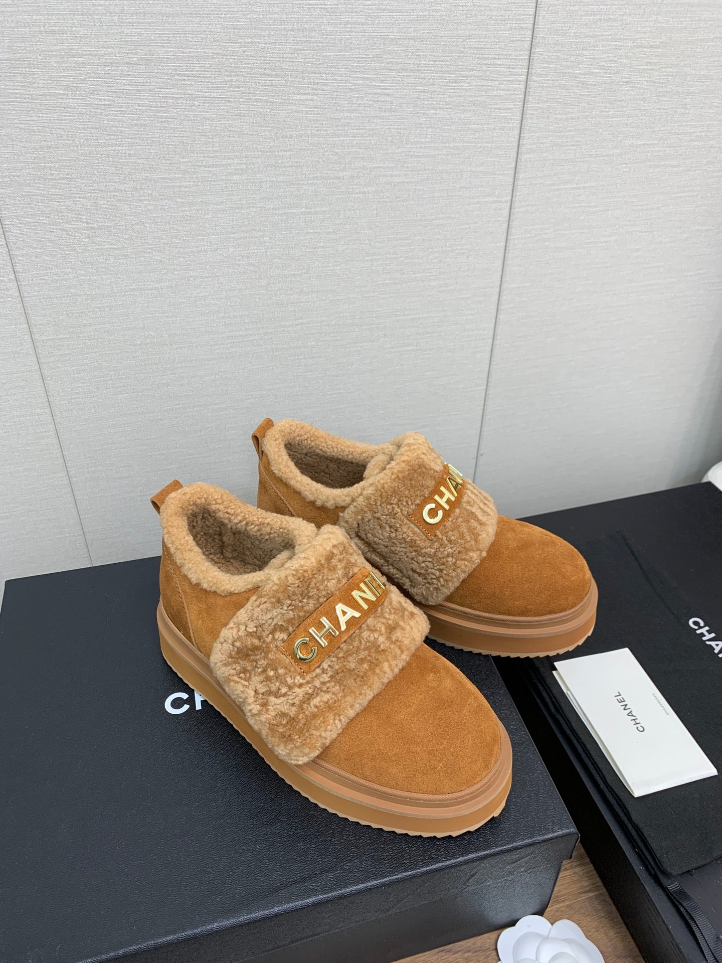 CHANEL Ankle Boots Brown Yellow Suede Wool