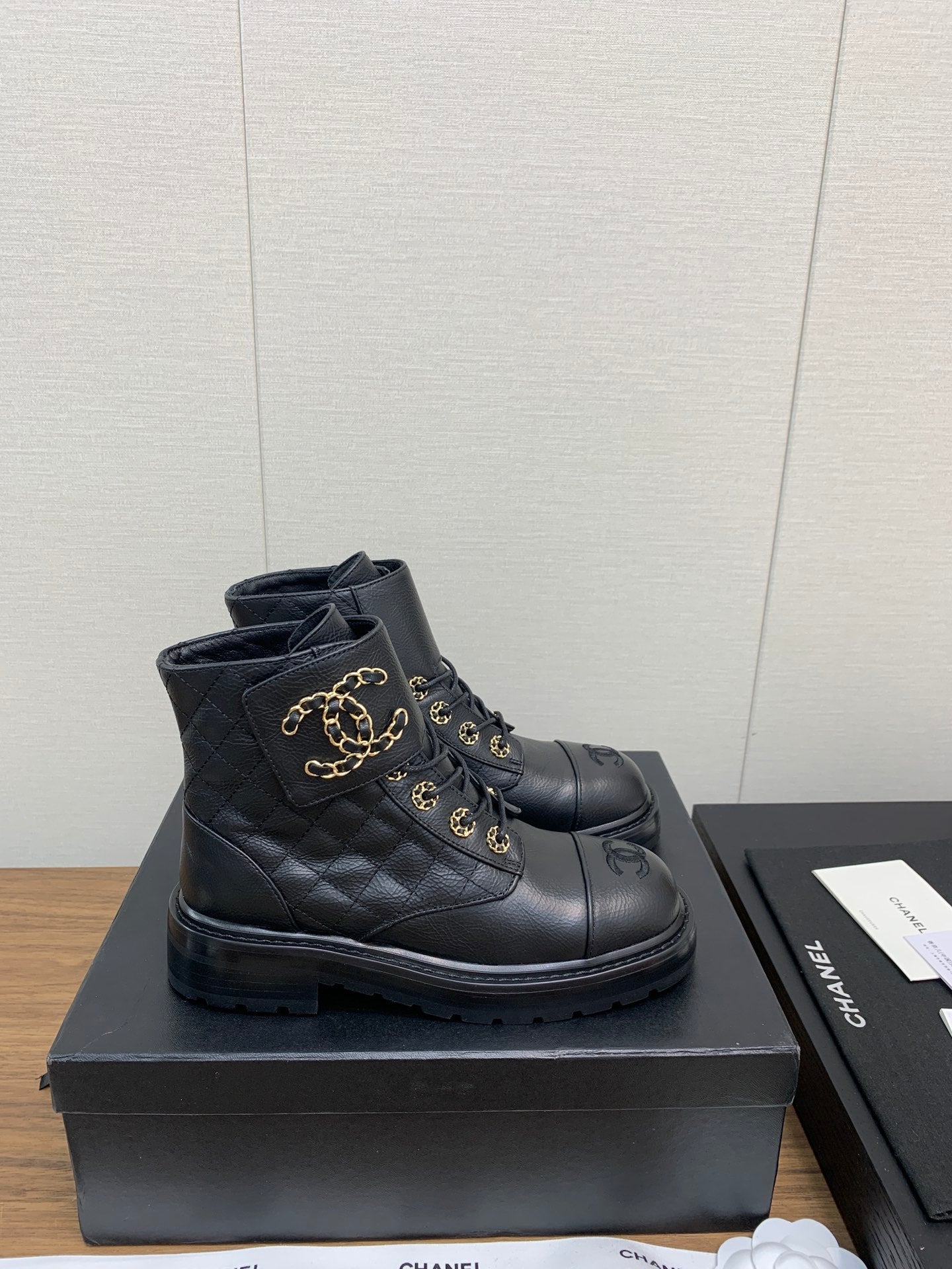 CHANEL Ankle Boots Black Quilted Cowhide