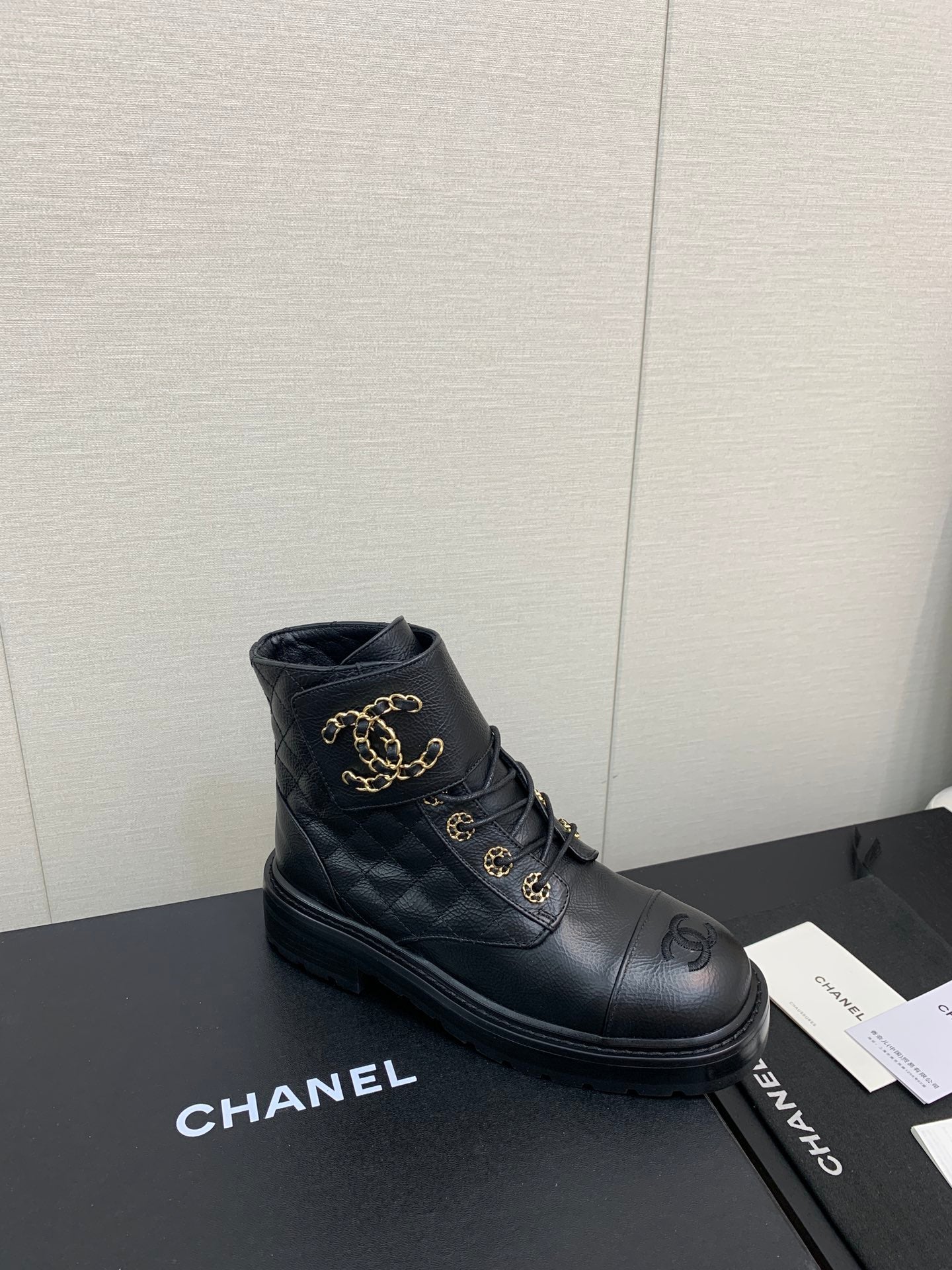 CHANEL Ankle Boots Black Quilted Cowhide
