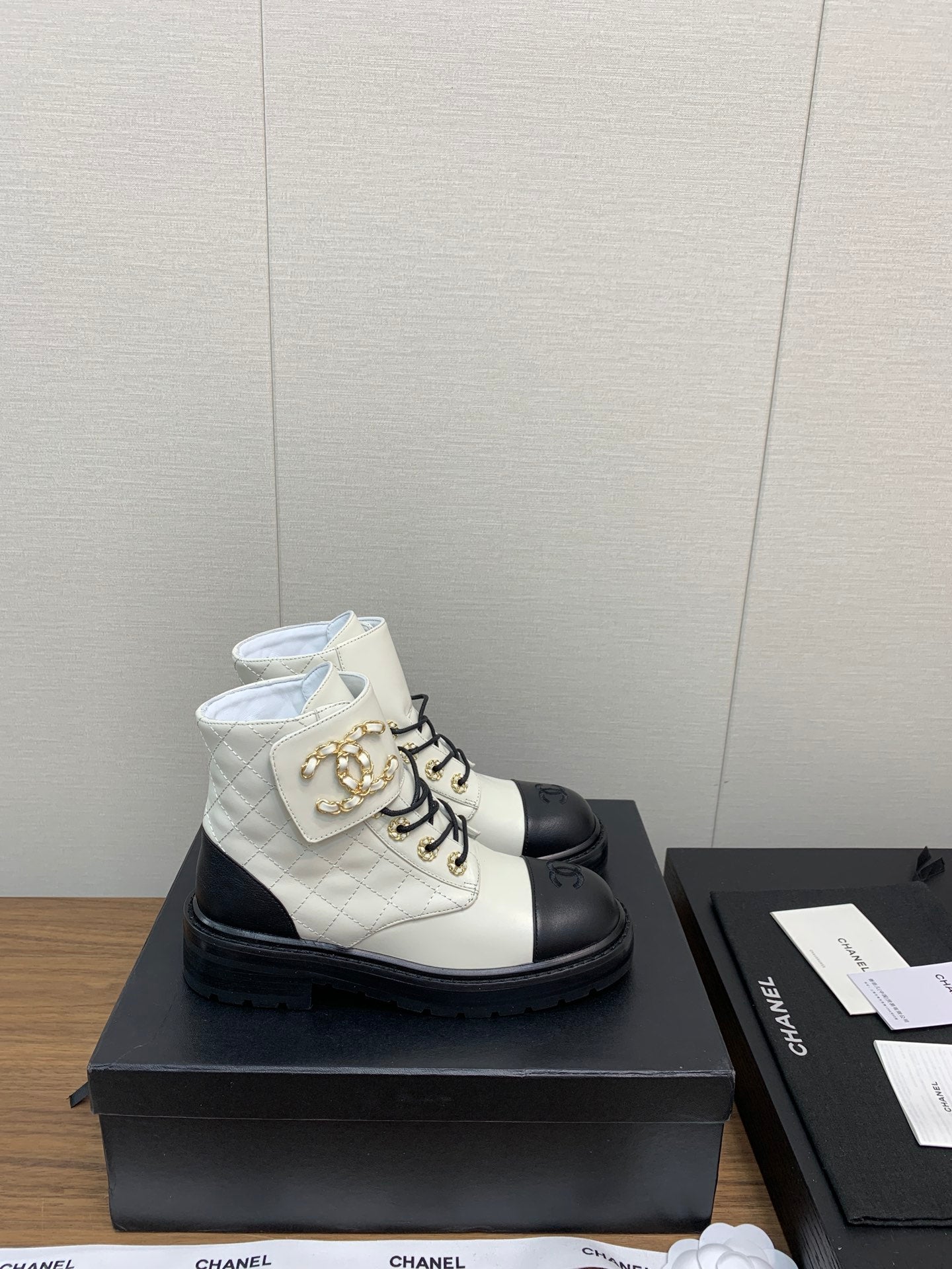 CHANEL Ankle Boots White Mix Black Cowhide