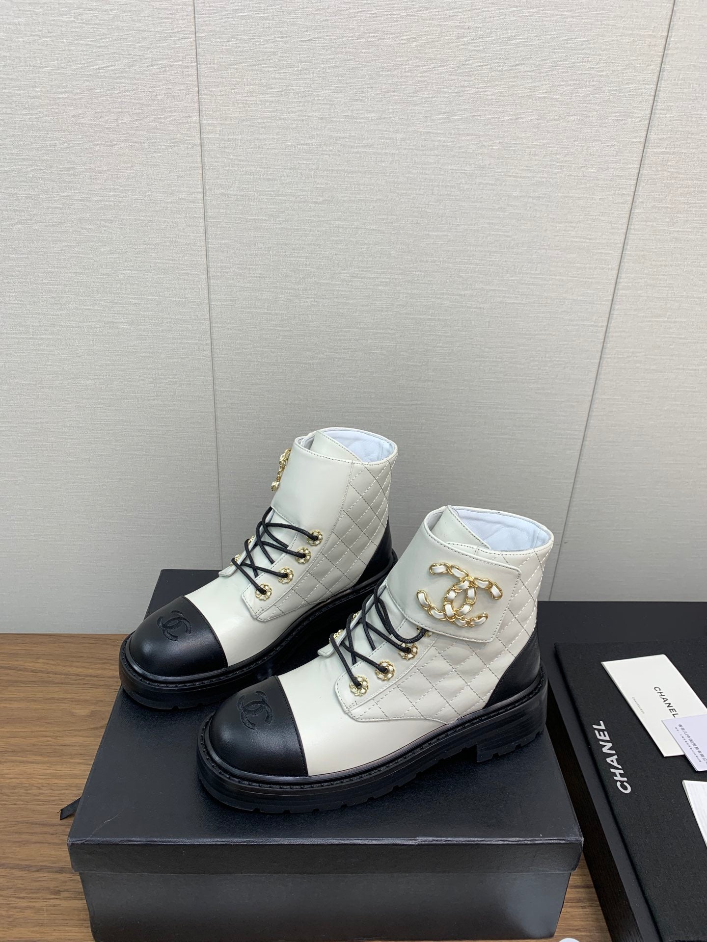 CHANEL Ankle Boots White Mix Black Cowhide