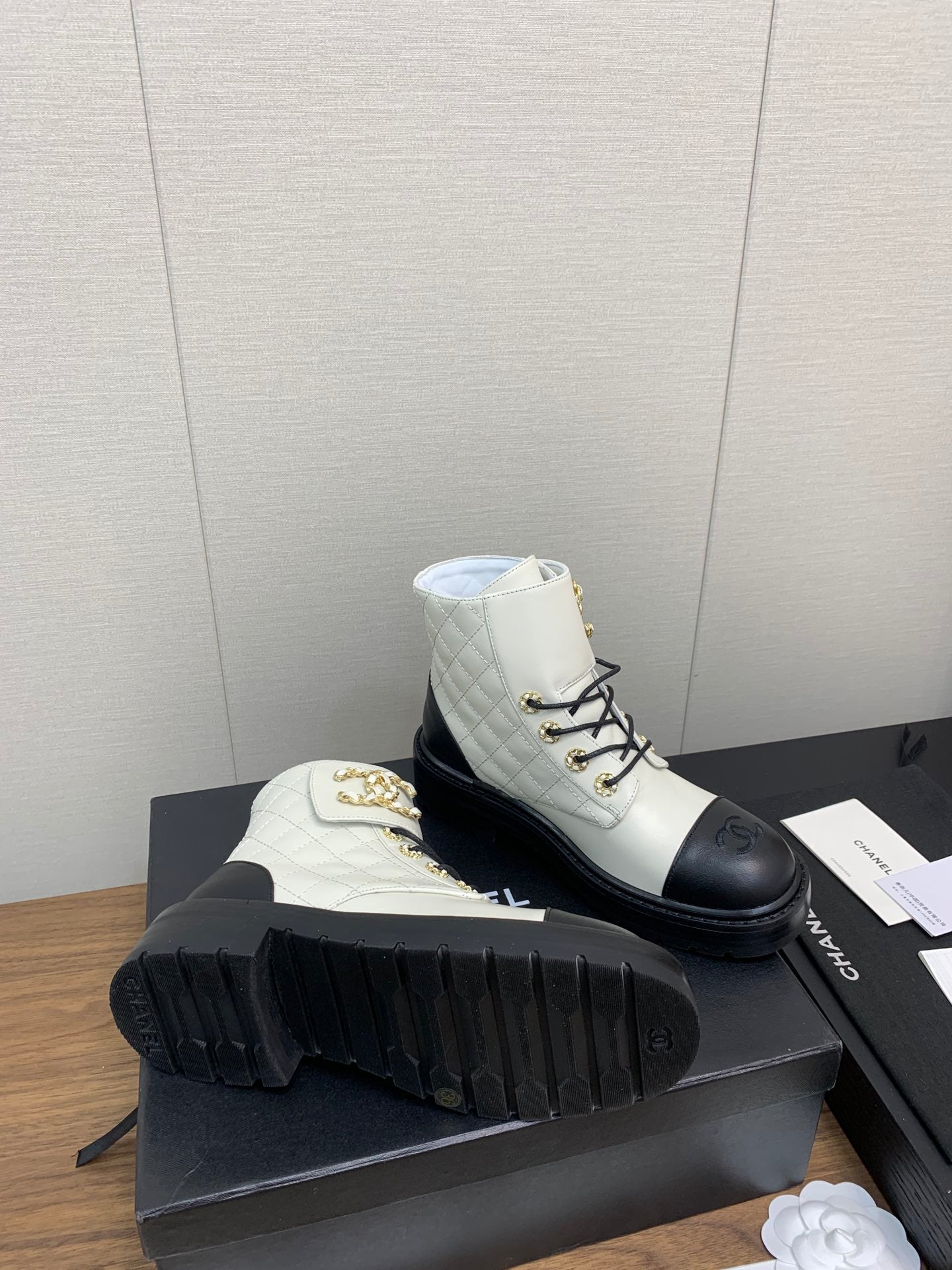 CHANEL Ankle Boots White Mix Black Cowhide