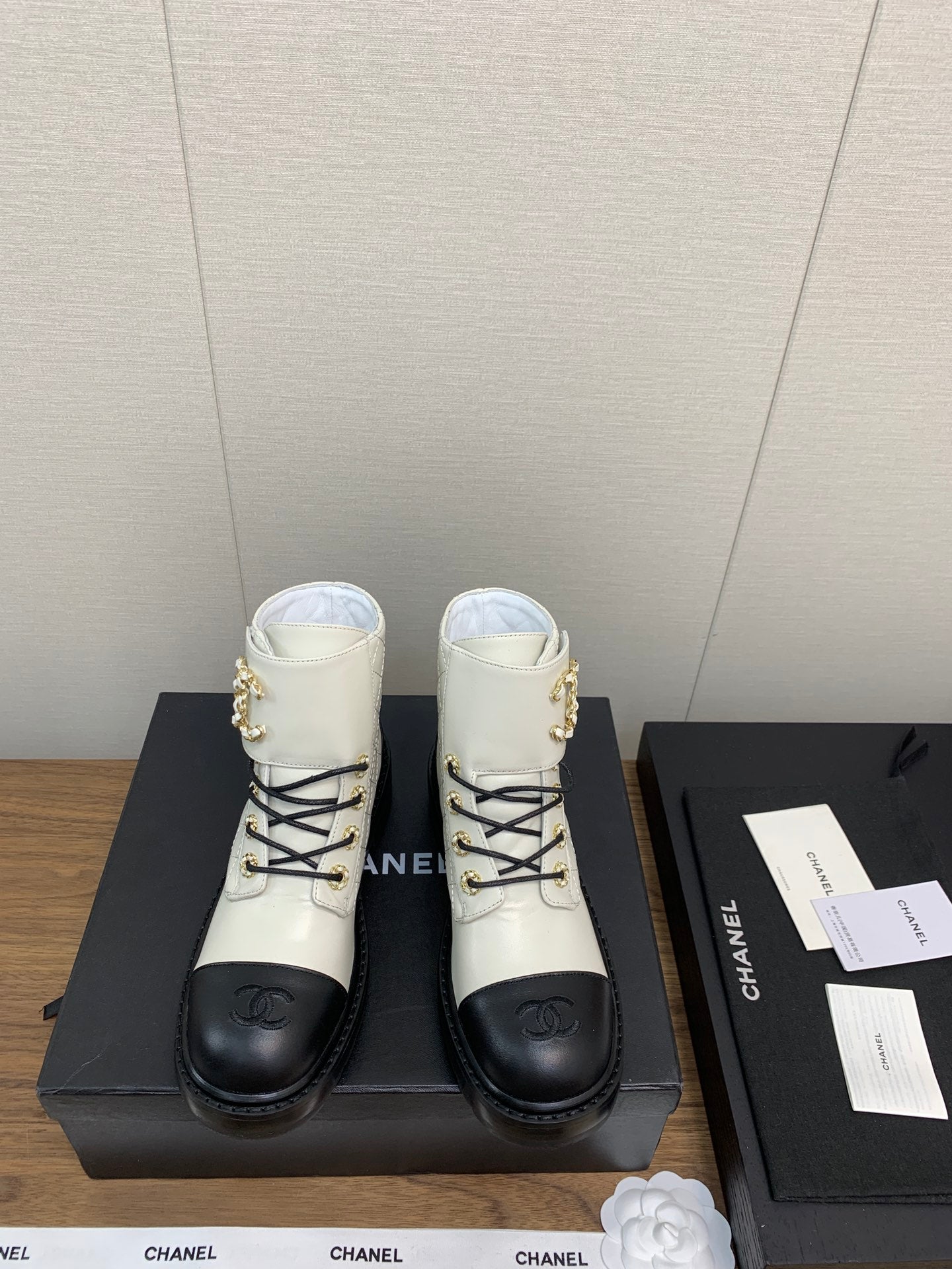 CHANEL Ankle Boots White Mix Black Cowhide