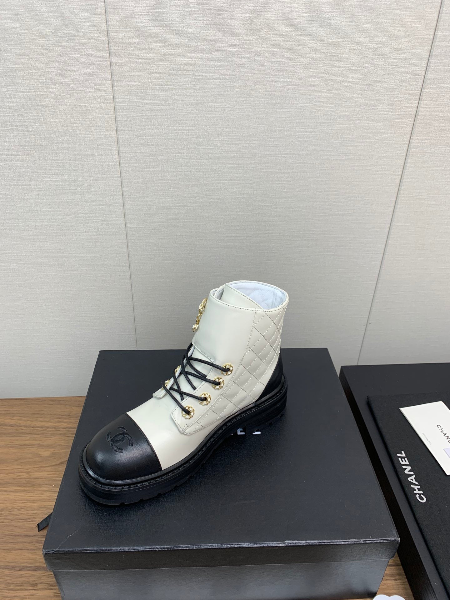 CHANEL Ankle Boots White Mix Black Cowhide