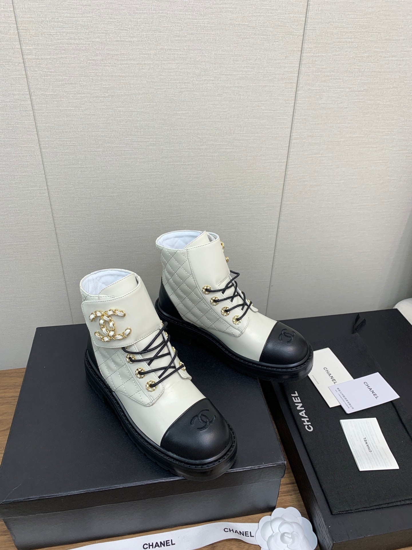 CHANEL Ankle Boots White Mix Black Cowhide