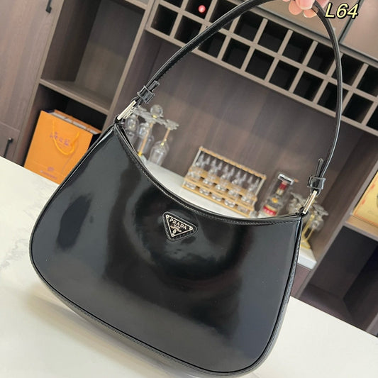 PRADA 30 CLEO SHOULDER BAG IN BLACK BRUSHED LEATHER