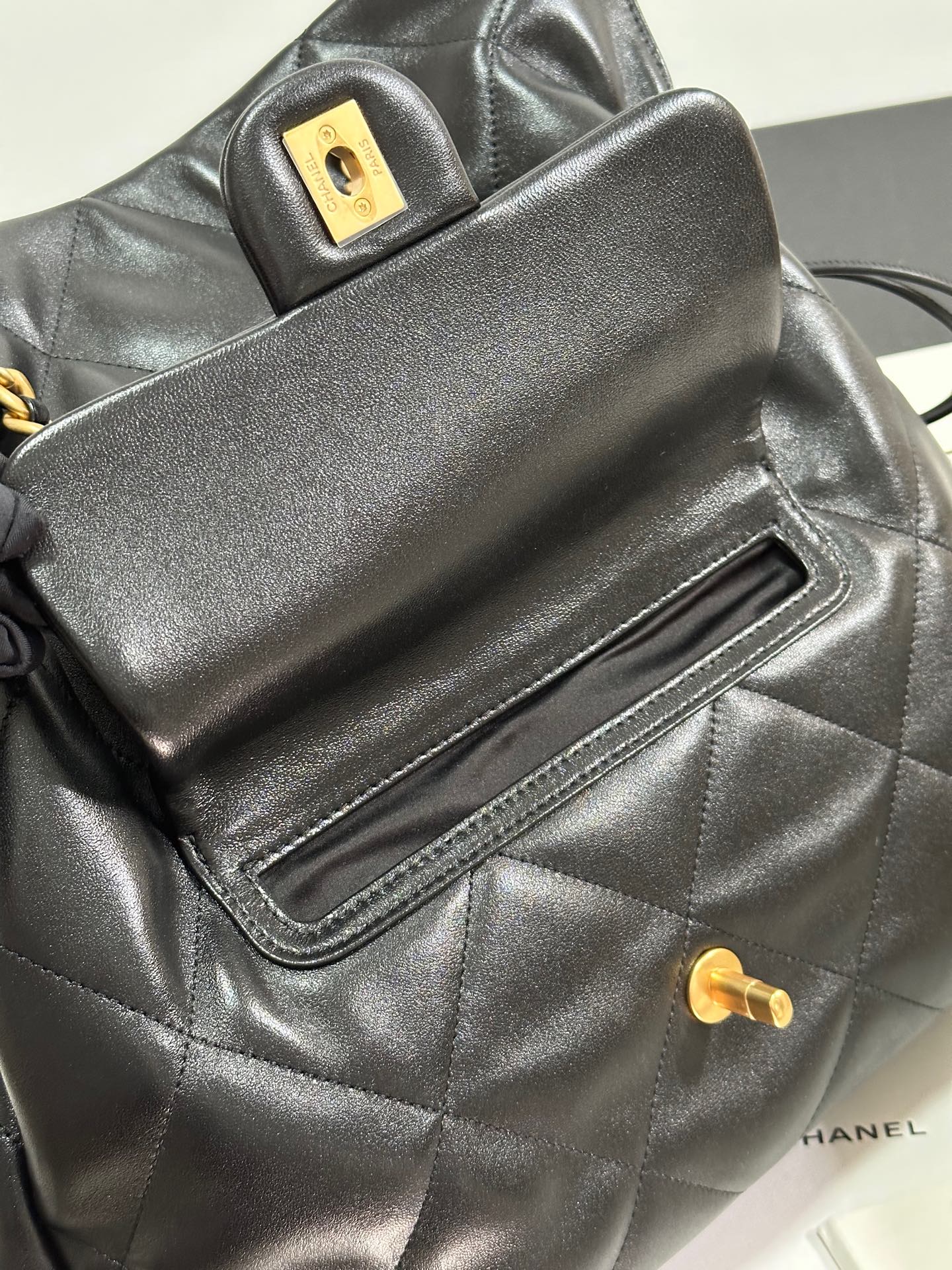 CHANEL 25C Drawstring Backpack Black Lambskin Gold Hardware 243655