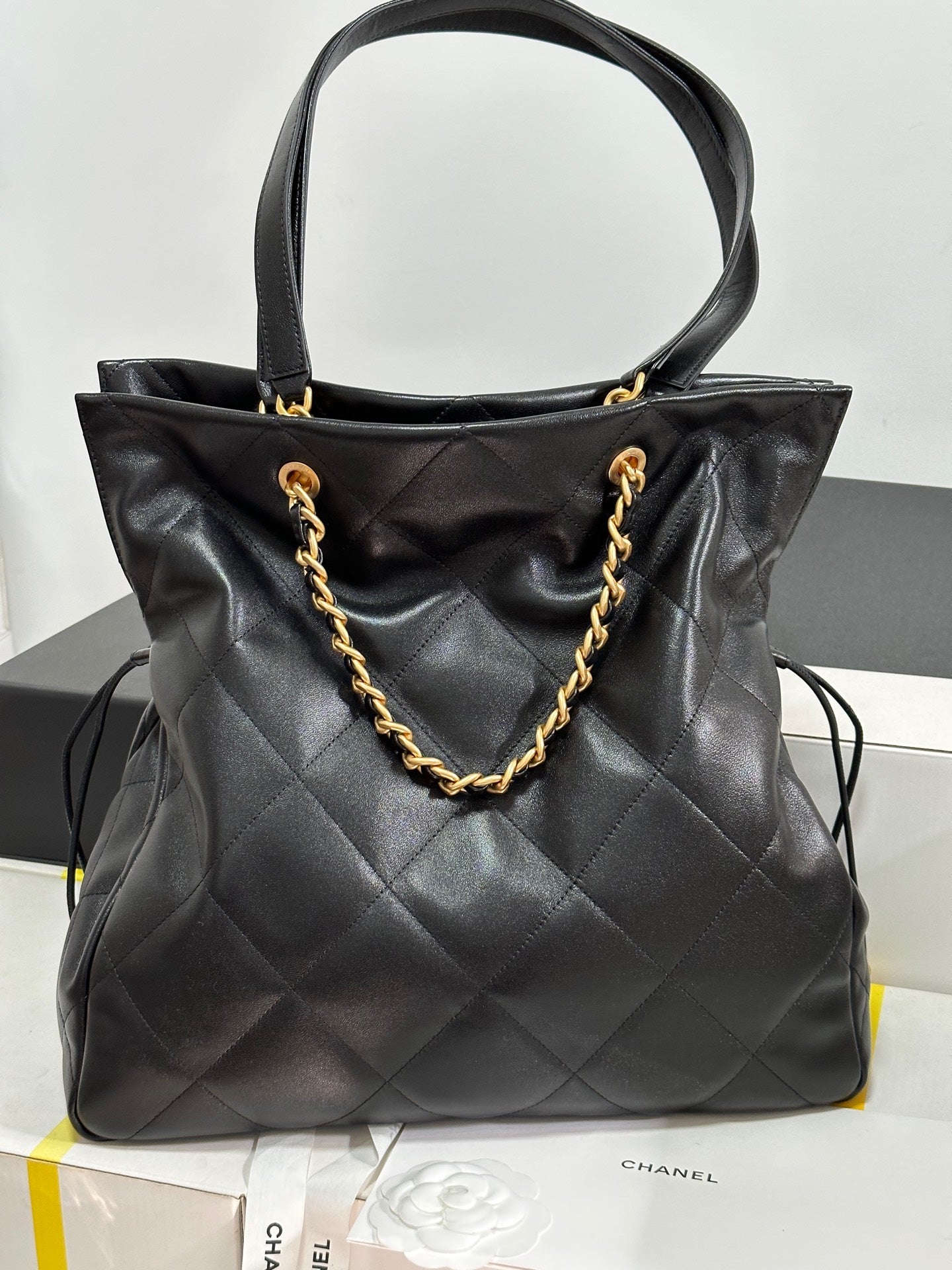 CHANEL 25C Drawstring Backpack Black Lambskin Gold Hardware 243655