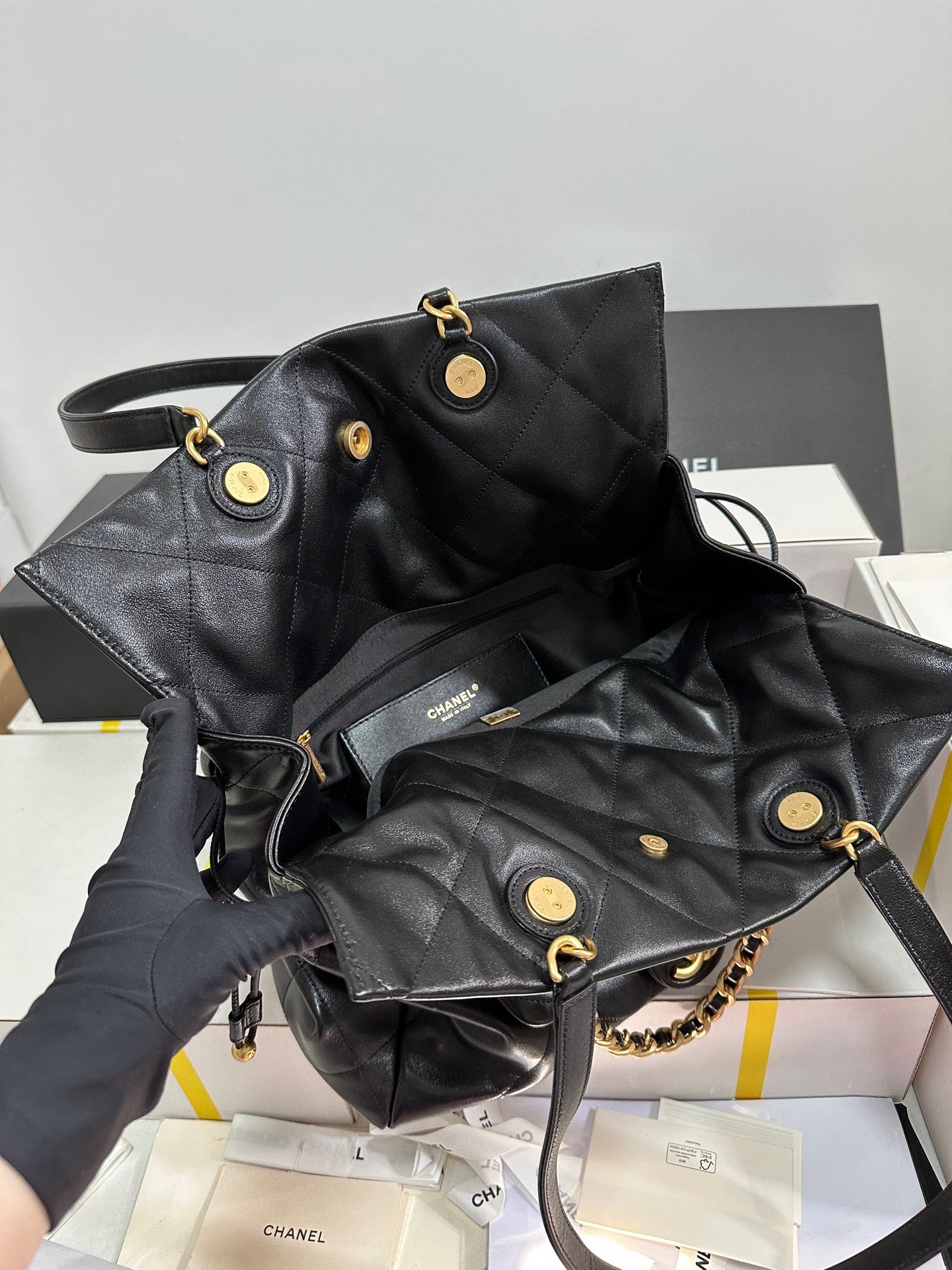 CHANEL 25C Drawstring Backpack Black Lambskin Gold Hardware 243655
