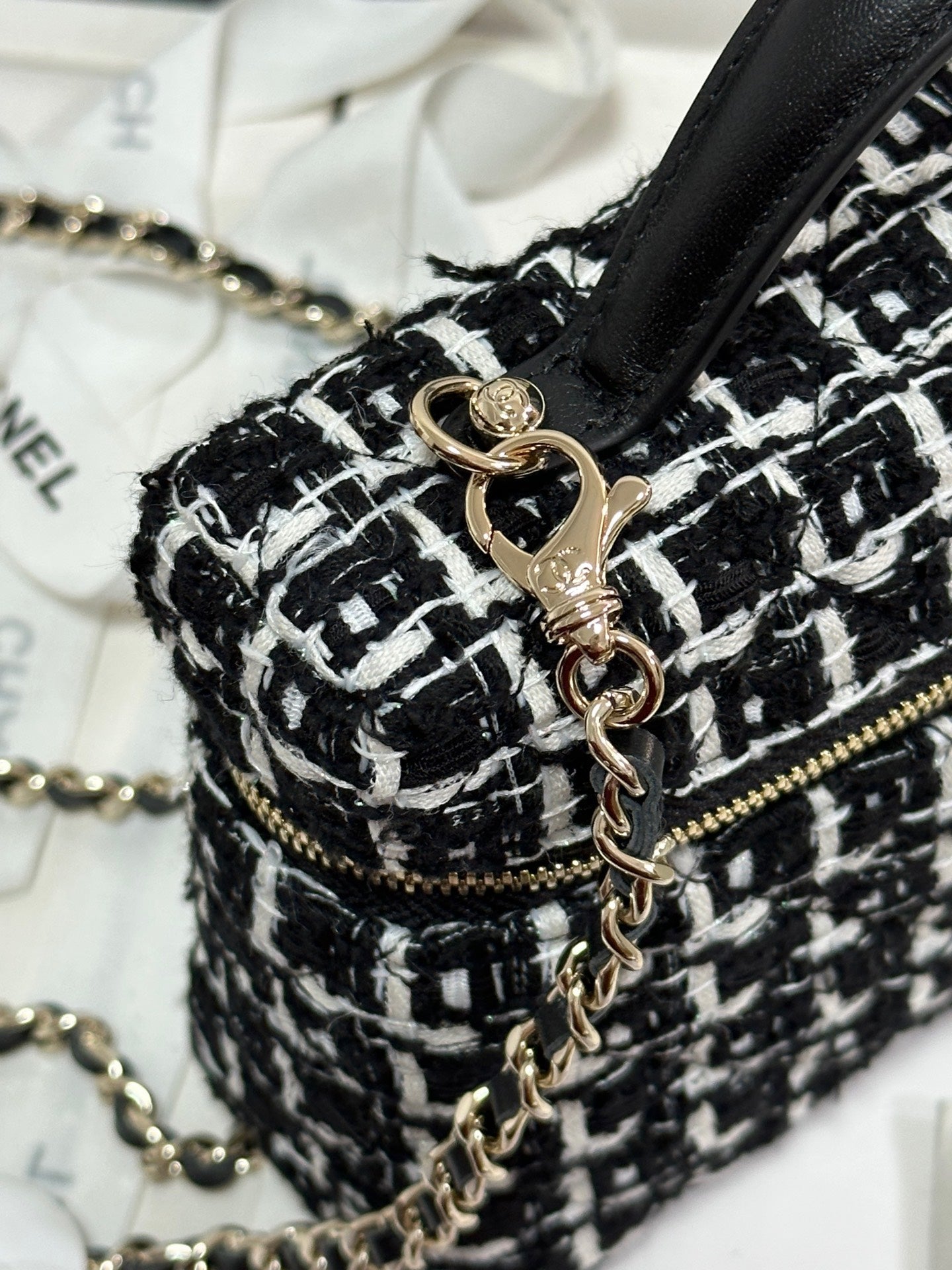 CHANEL 25C Vanity Case Black White Tweed Light Gold Hardware 243667