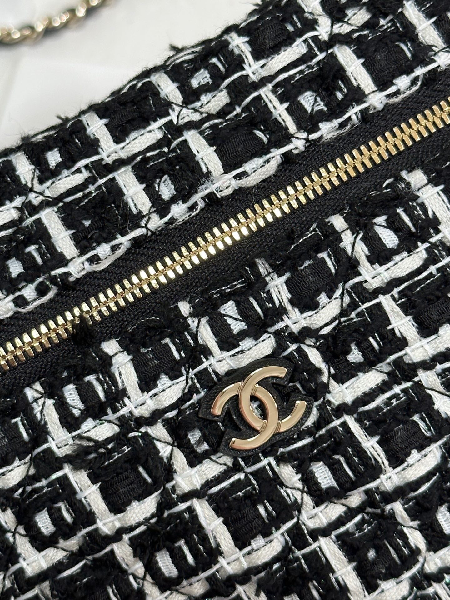 CHANEL 25C Vanity Case Black White Tweed Light Gold Hardware 243667