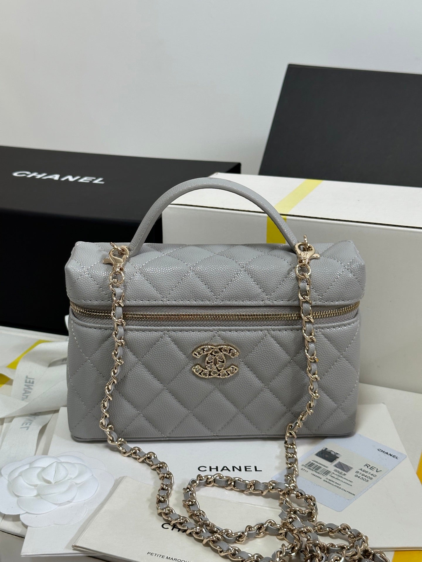 CHANEL 25P Vanity Case 19.5cm Light Gray Calfskin Heart Rhinestone 243610