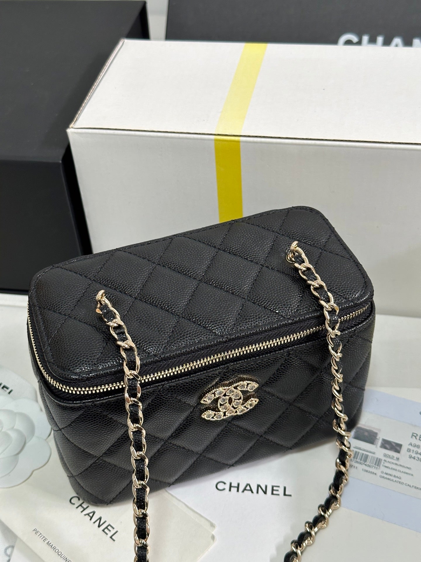 CHANEL 25C Vanity Case 17cm Black Caviar Leather Heart Rhinestone Light Gold Hardware 243427